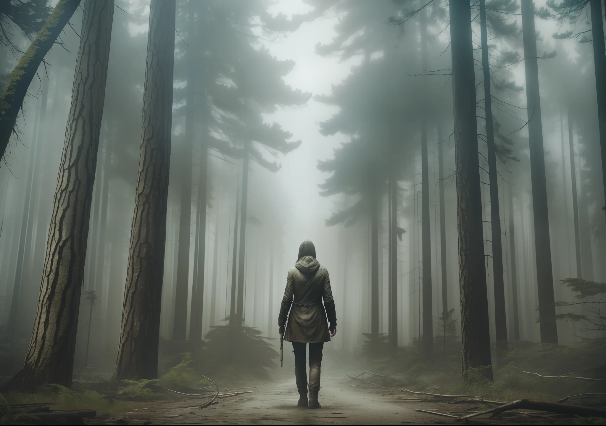 "(a lonely woman in a dense desolate forest:1.2), deep sadness, uncontrollable fear, extraordinary realism, intense darkness, thick fog, post-apocalyptic world, dark and terrifying atmosphere, The Walking Dead franchise:0.8)" --auto --s2