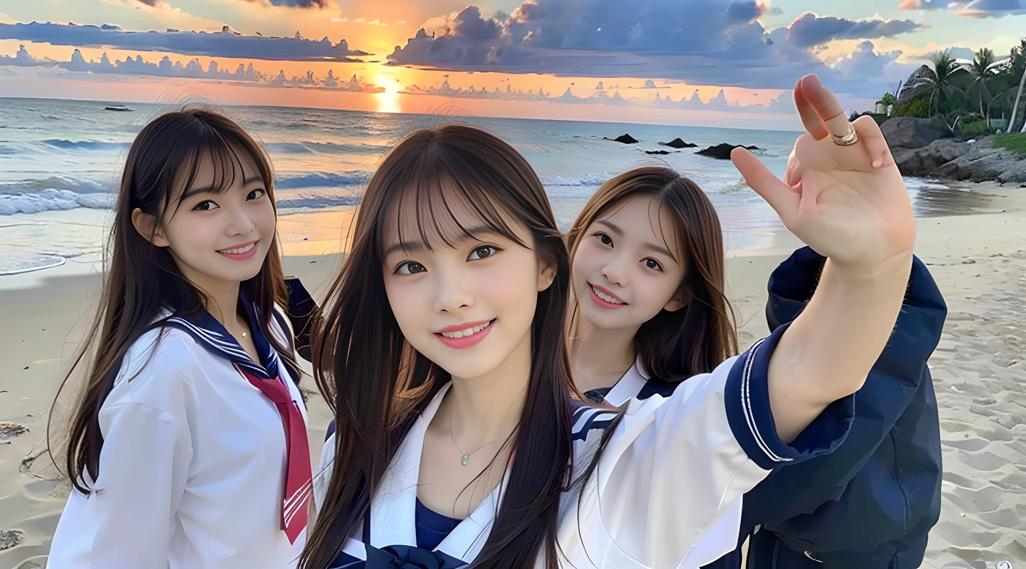 (8k, RAW photos, top quality, masterpiece: 1.2), super detail, super resolution, movie shot, (photorealistic: 1.4), frolicking by the water, full body shot, full body photo, high resolution raw color photo, professional photo, sun beach, emotional scenery, very detailed and beautiful, super high quality, 8k wallpaper, amazing details, huge file size, very detailed beautiful girlvery detailed face, very detailed eyes, very realistic skin, very detailed fingers, very detailed nose, very detailed mouth, perfect anatomy, very detailed background, very detailed clothes, teen, pretty girl, famous Japan idol, cute, realistic body, slender, white skin, glowing skin, slim body, long straight hair, (dull bangs:1.2), realistic face, delicate eyes, double eyelids, Sailor suit, red tie, pink eye shadow, high school girl Friend Smiling hair, after school Beautiful sunset Beach brown hair, high school girl youth Celebrity level cuteness Frolicking with multiple high school girls , Modern female proofreading with open arms