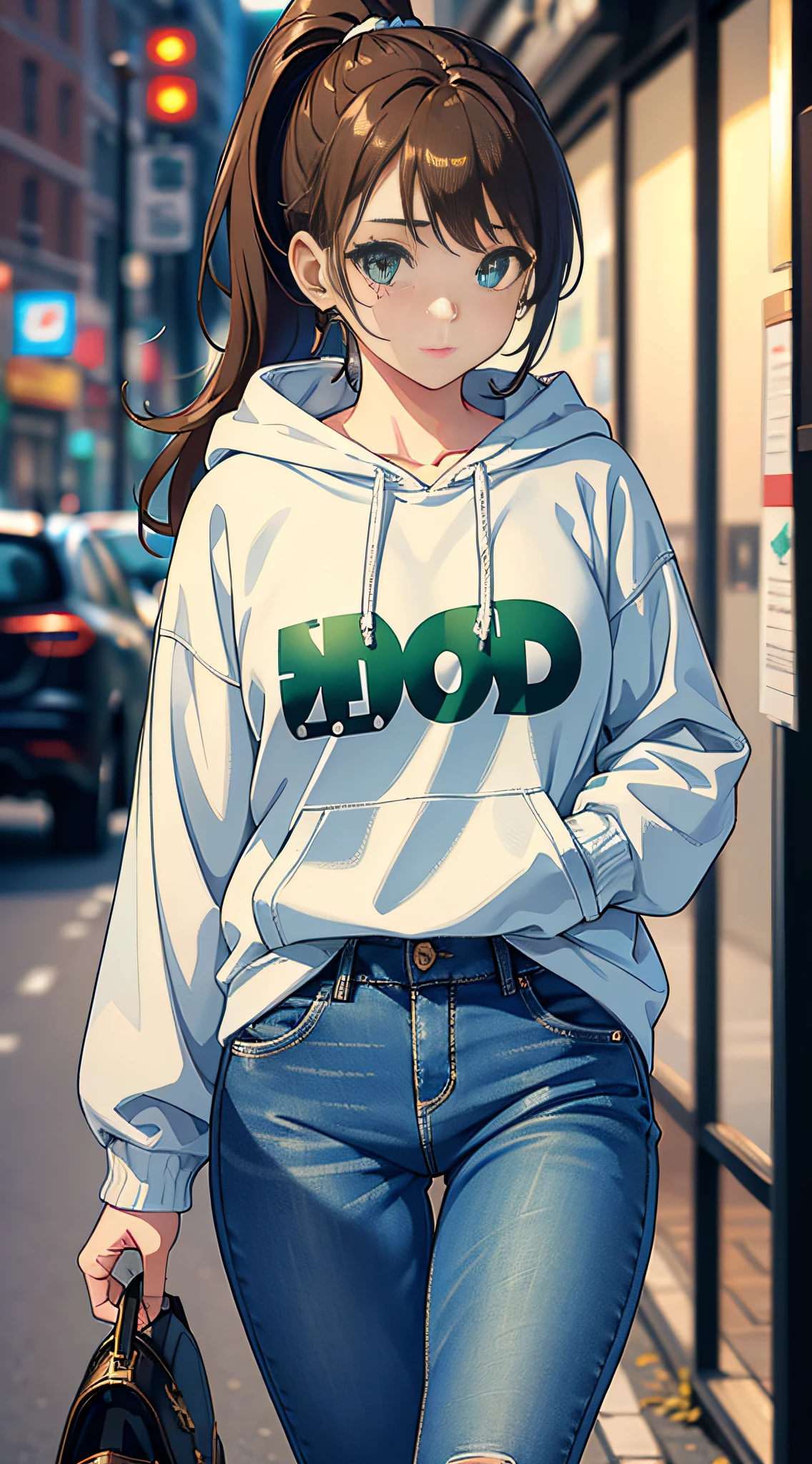 (masterpiece:1.2, best quality), (finely detailed beautiful eyes: 1.2), a girl with a brown ponytail, green eyes, in white hoddie, blue jeans, only 1 girl, age 20