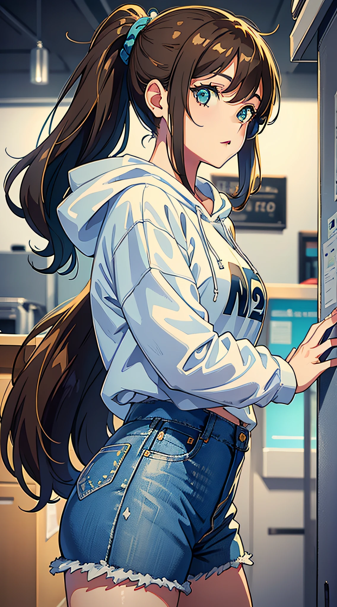 (masterpiece:1.2, best quality), (finely detailed beautiful eyes: 1.2), a girl with a brown ponytail, green eyes, in white hoddie, blue jeans, only 1 girl, age 20