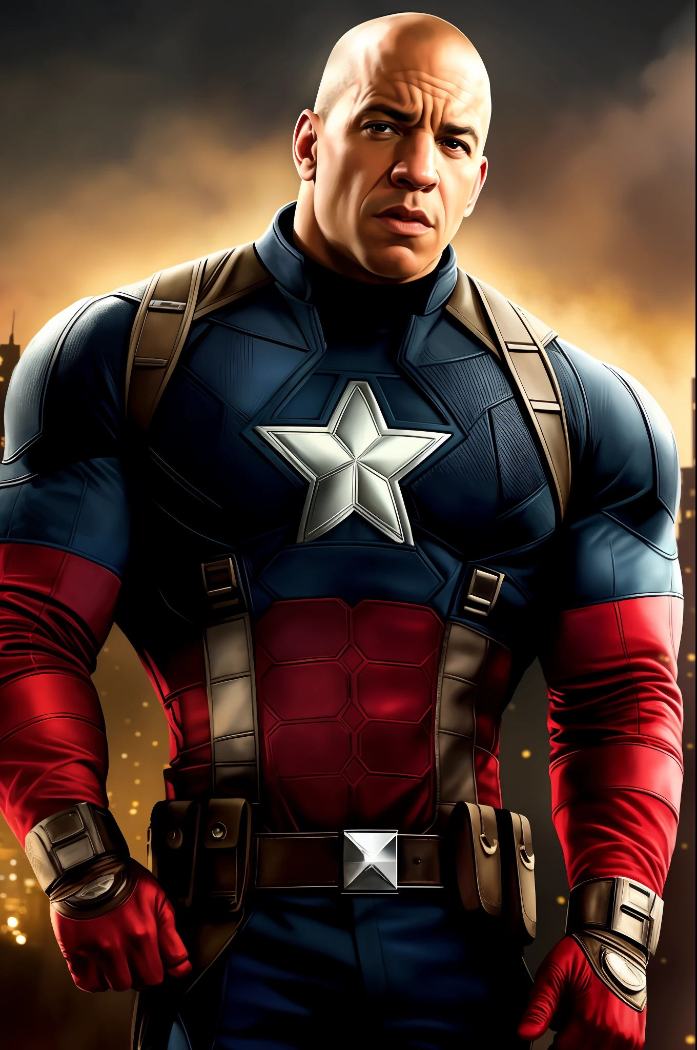 Tarantino style, Vin Diesel as Captain America 8k, high definition, detailed face, detailed face, detailed eyes, detailed suit, Marvel and DC style, hyper-realistic, + cinematic shooting + dynamic composition, incredibly detailed, sharp, details + superb details + night with light + perfectionism + award-winning realism ((grumpy lighting)),(upper body)