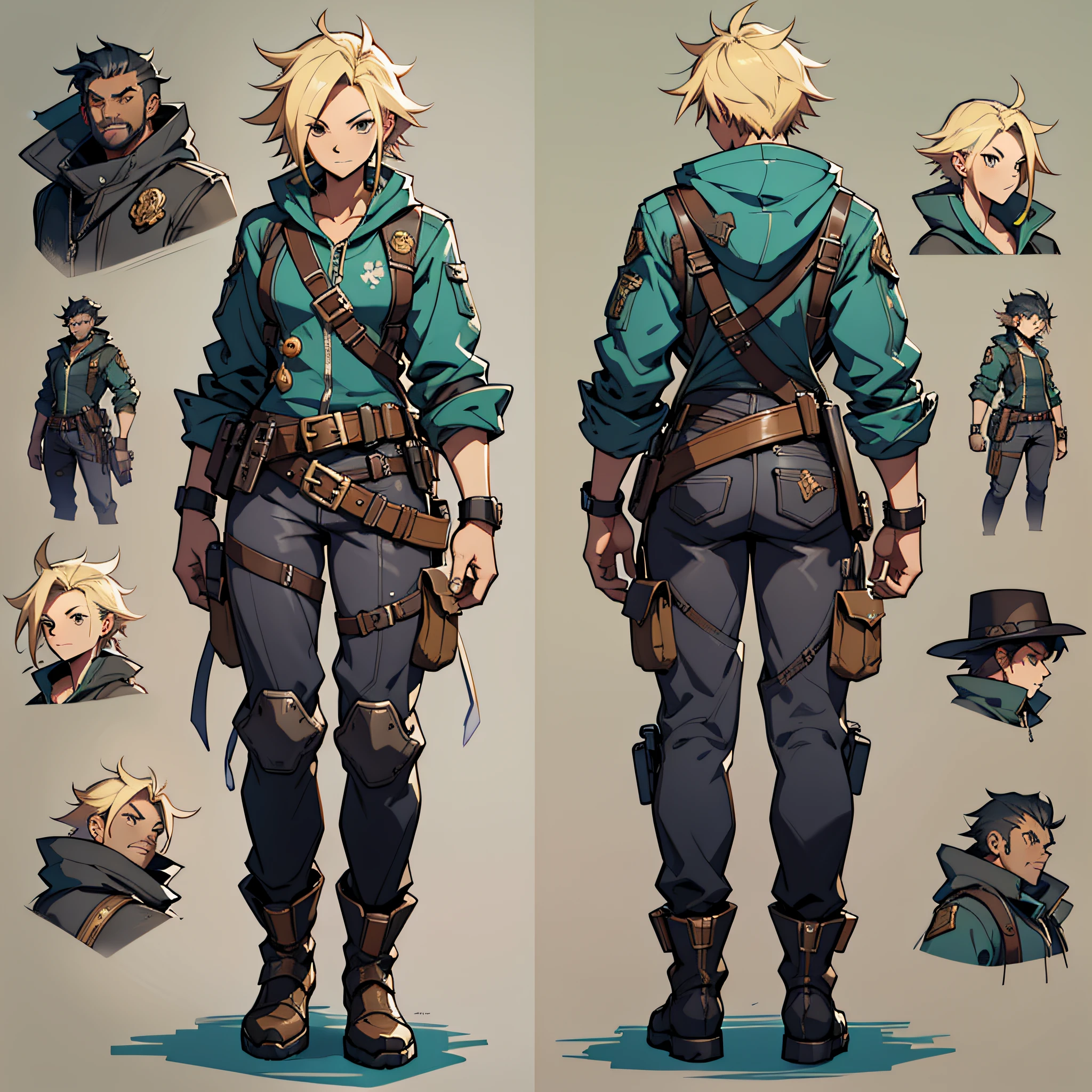 Close-up of a man in a gun costume, ((character concept art)), ((character design sheet, same character, front, side, back)) maple story character art, video game character design, video game character design, maple story gun girl, expert high detail concept art, metal bullet concept art, funny character design, Lucio as a woman, gravity rush inspiration, sticky tar. Concept art, belt buckle at waist, steampunk weapon,