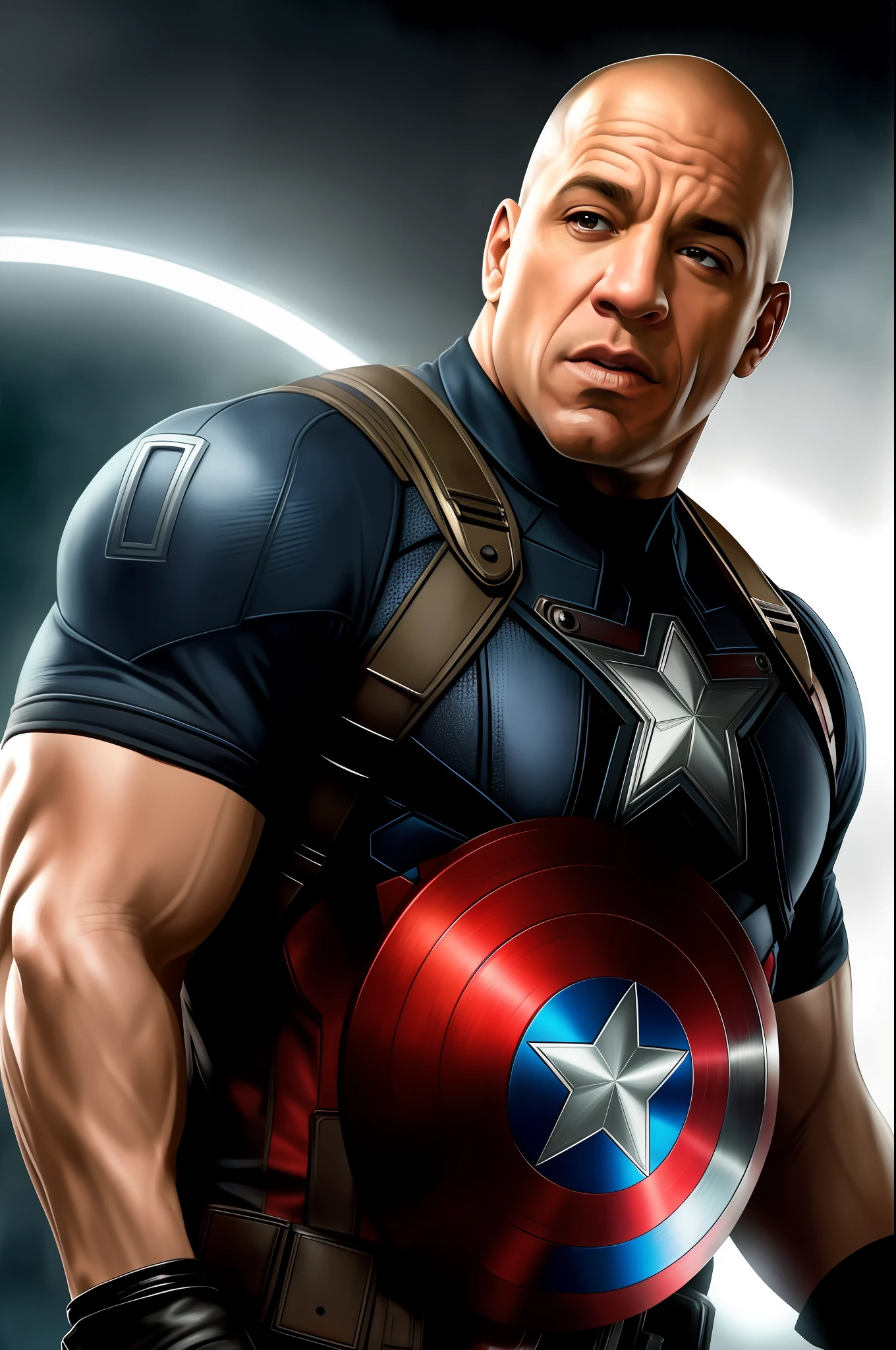 Tarantino style, Vin Diesel as Captain America 8k, high definition, detailed face, detailed face, detailed eyes, detailed suit, Marvel and DC style, hyper-realistic, + cinematic shooting + dynamic composition, incredibly detailed, sharp, details + superb details + night with light + perfectionism + award-winning realism ((grumpy lighting)),(upper body)