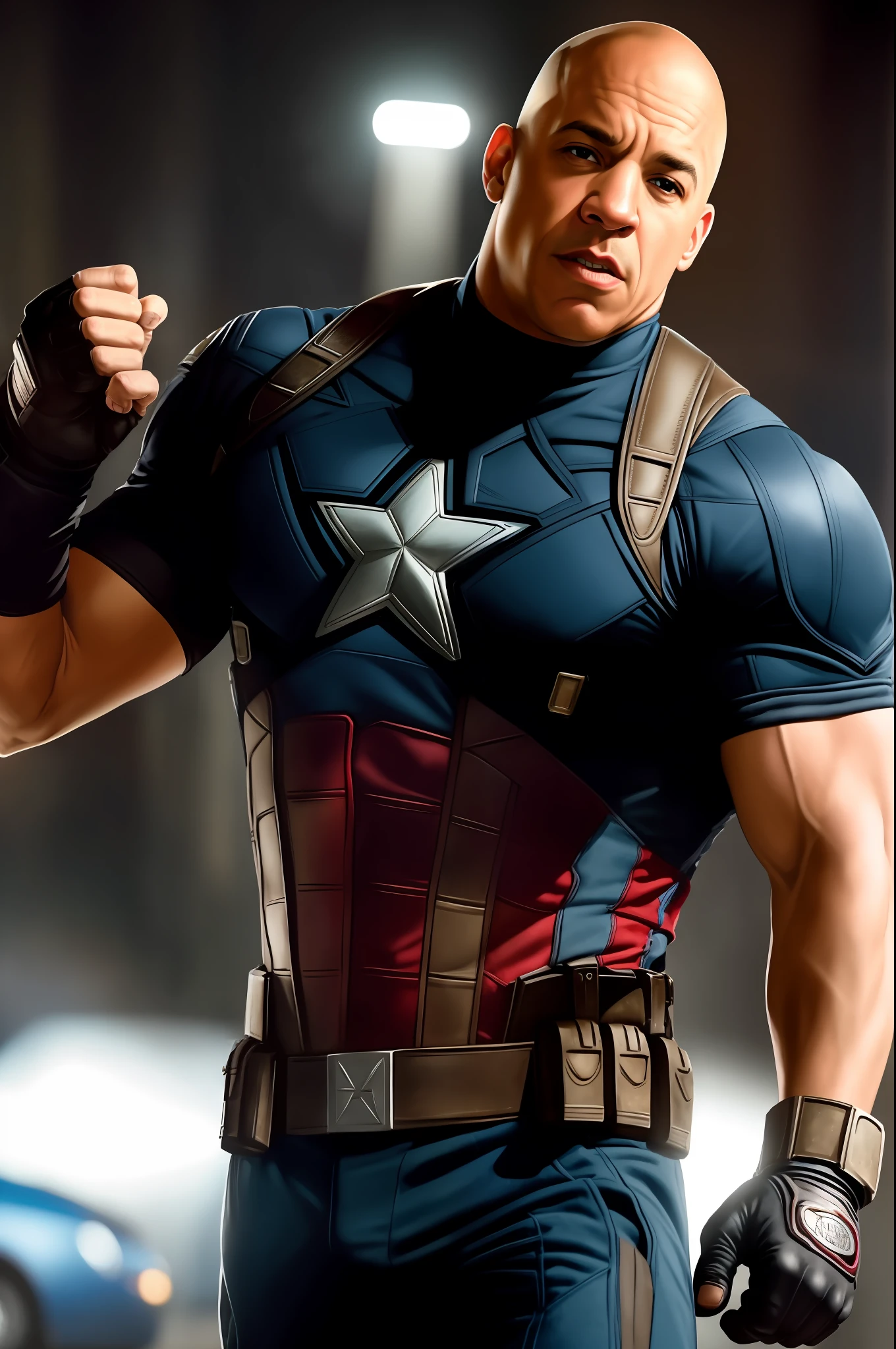 Tarantino style, Vin Diesel as Captain America 8k, high definition, detailed face, detailed face, detailed eyes, detailed suit, Marvel and DC style, hyper-realistic, + cinematic shooting + dynamic composition, incredibly detailed, sharp, details + superb details + night with light + perfectionism + award-winning realism ((grumpy lighting)),(upper body)