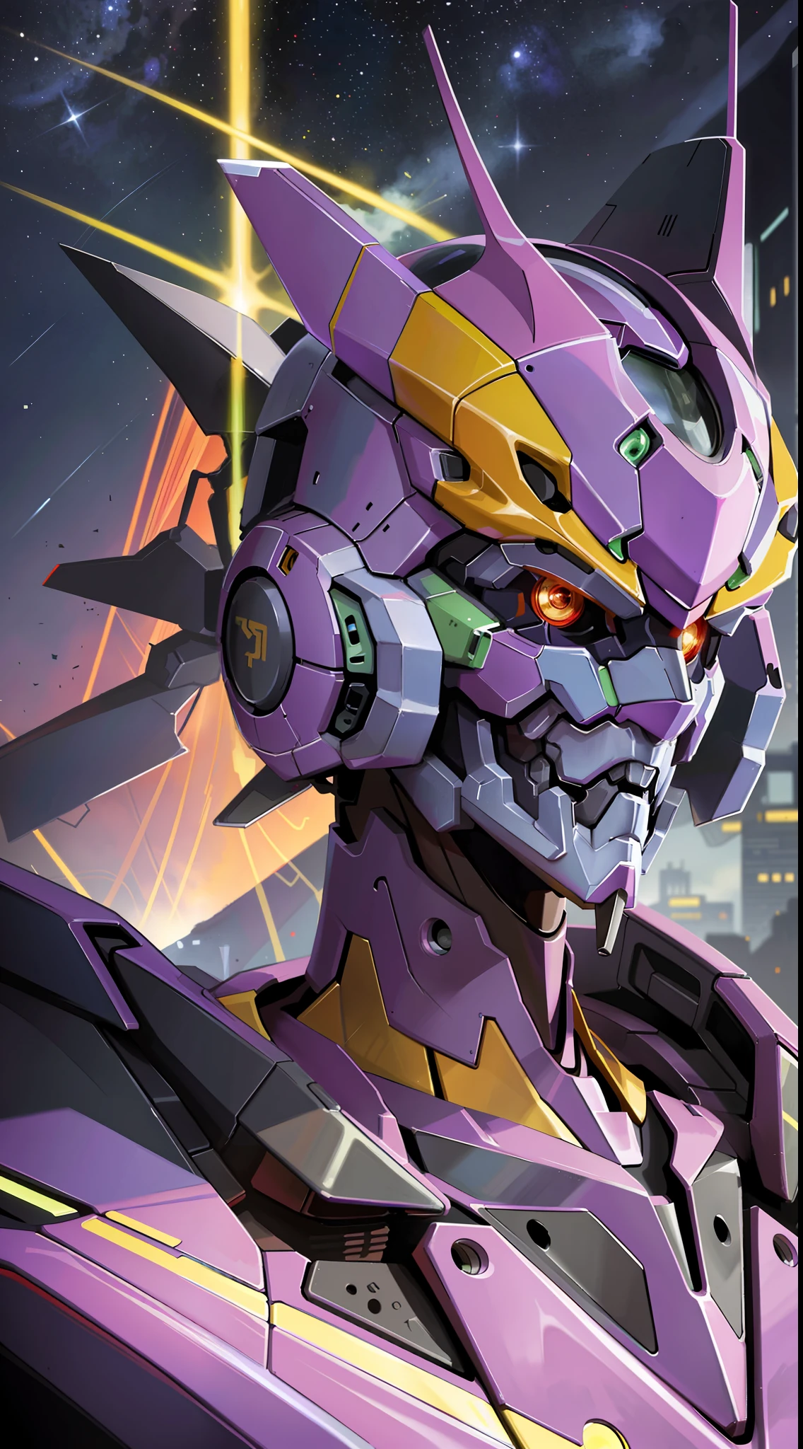 (EVA 06), Eva God, Evangelion Mecha, Science fiction, Look at the audience, (Official Art, Best Quality, Masterpiece:1.2), Illustrations, High resolution, Beautiful abstract background, Futurism, Cyberpunk, Intense angle, , Face front close-up, Handsome,