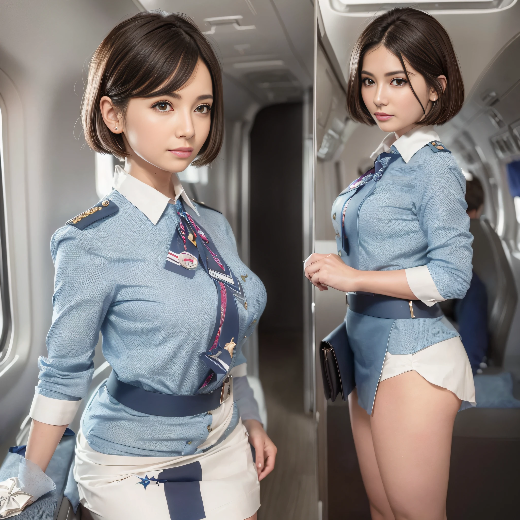 ((Top Quality, 8k, Masterpiece: 1.3)), Pretty woman with perfect figure: 1.4, Highly detailed face and skin texture, Detailed eyes, Stewardess, CA, CA, Cabin attendant, Flight attendant, Uniform, 1girl, Cinematic, Full body, Goddess of Japan, Short hair, Smile, Lewd