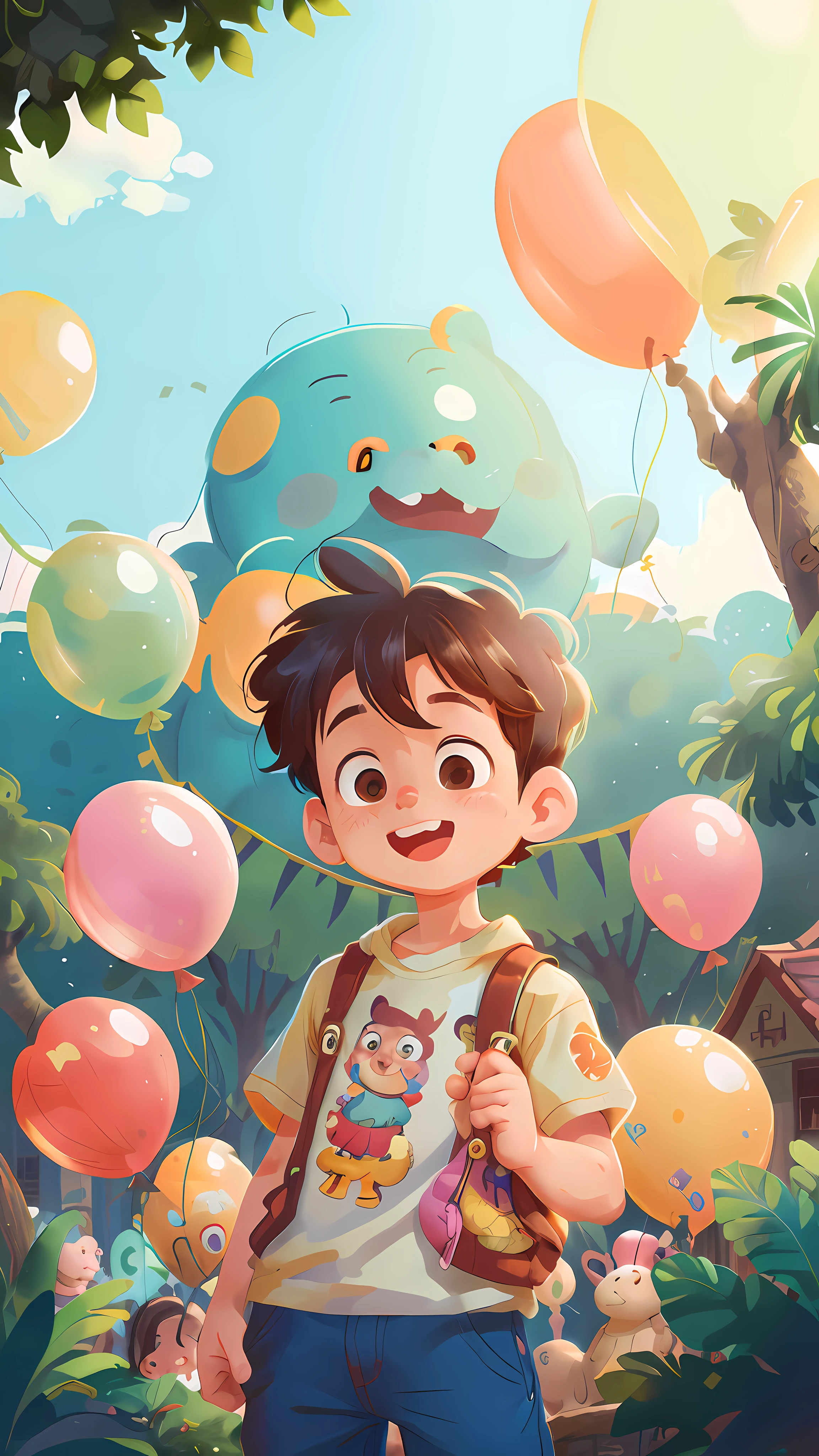 A boy, zoo, many balloons, happy, happy, perfect quality, clear focus (clutter - home: 0.8), (masterpiece: 1.2) (realistic: 1.2) (bokeh) (best quality) (detailed skin: 1.3) (intricate details) (8K) (detail eyes) (sharp focus), (happy)