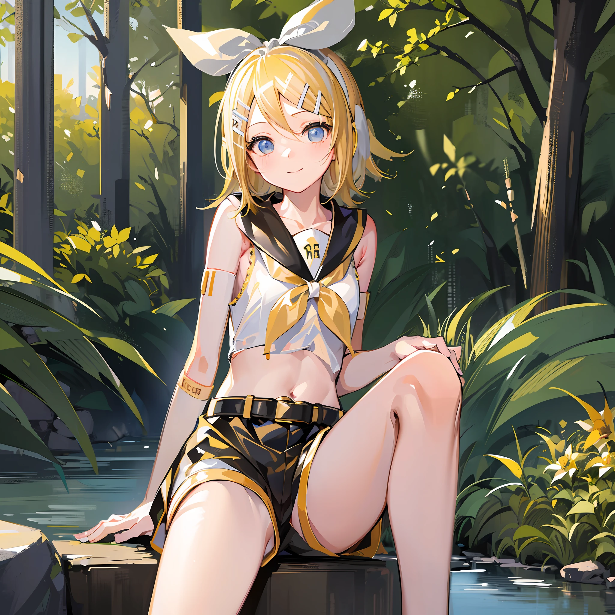 (Masterpiece), (Best Quality), (Illustration), (Ultra Detailed), (High Resolution), Absurdity, One Girl, (Kagamine_Rin:1.5), (Vocaloid), Shoulders are cut off, Short hair, Hair clip, Blush, (Blonde), Very cute girl, Small, Young, Delicate, Attention to girl, Cute, She, Smile, Best Moment, Sailor suit, Black shorts, belt, blue eyes, bright eyes, cool cute, sitting, legs closed, bright light, dazzling morning sun, outdoor