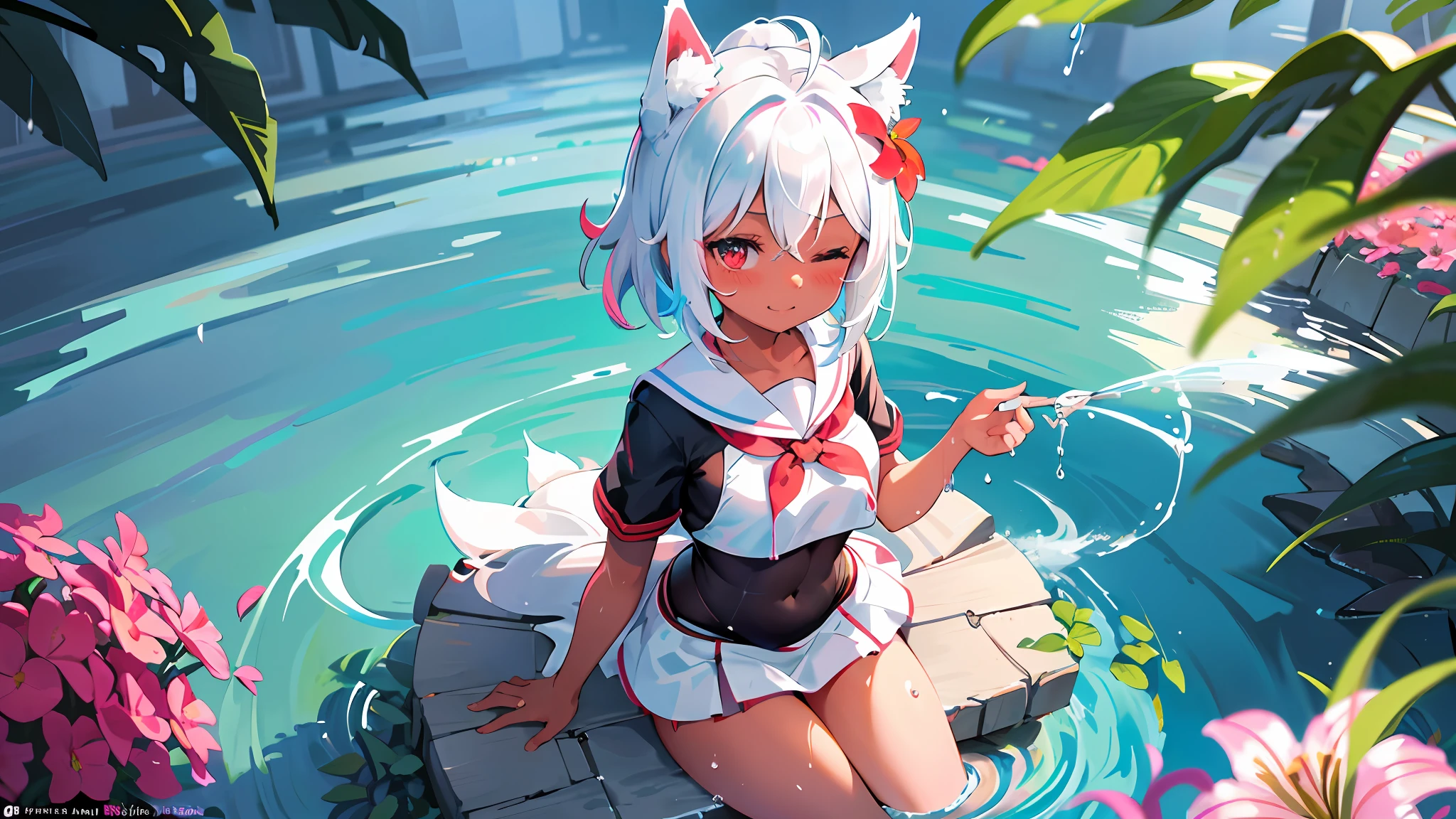 Volumetric Lighting, Best Shadows, Shallow Depth of Field, (Highest Quality, Amazing Details:1.25), Brilliant Colorful Paintings, (((surrounded by colorful splashes))), ((bright color)), colorful bubble, ((shining)), Aestheticism, masterpiece, multicolored background,
wolf ears, white hair, short hair, split ponytail, (((colored inner hair))), bow, hair bow, ahoge, bangs, hair ornament, hair between eyes, blush,
Portrait Of Stunningly Beautiful Girl, Delicate Beautiful Attractive Face With Alluring Red Eyes, Messy Painted Face, Sharp white Eyebrows, Blush Eyeshadow, Thick Eyelashes, Lovely Small Breasts, Slim Waist, full body, (((1girl))), colorful spray, looking at viewer, face focus, one eye closed, evil smile, fang out, flower, leaf, water, high quality, Open Navel, short sleeves, Mini Underboob sailor collar, miniskirt, hair flower, feathers, lily, Oryza, barefoot, sitting, hair ribbon, dark skin, godray, short girl, ((afloat)), wet clothes, sunny, sweating, ((((splashing)))),