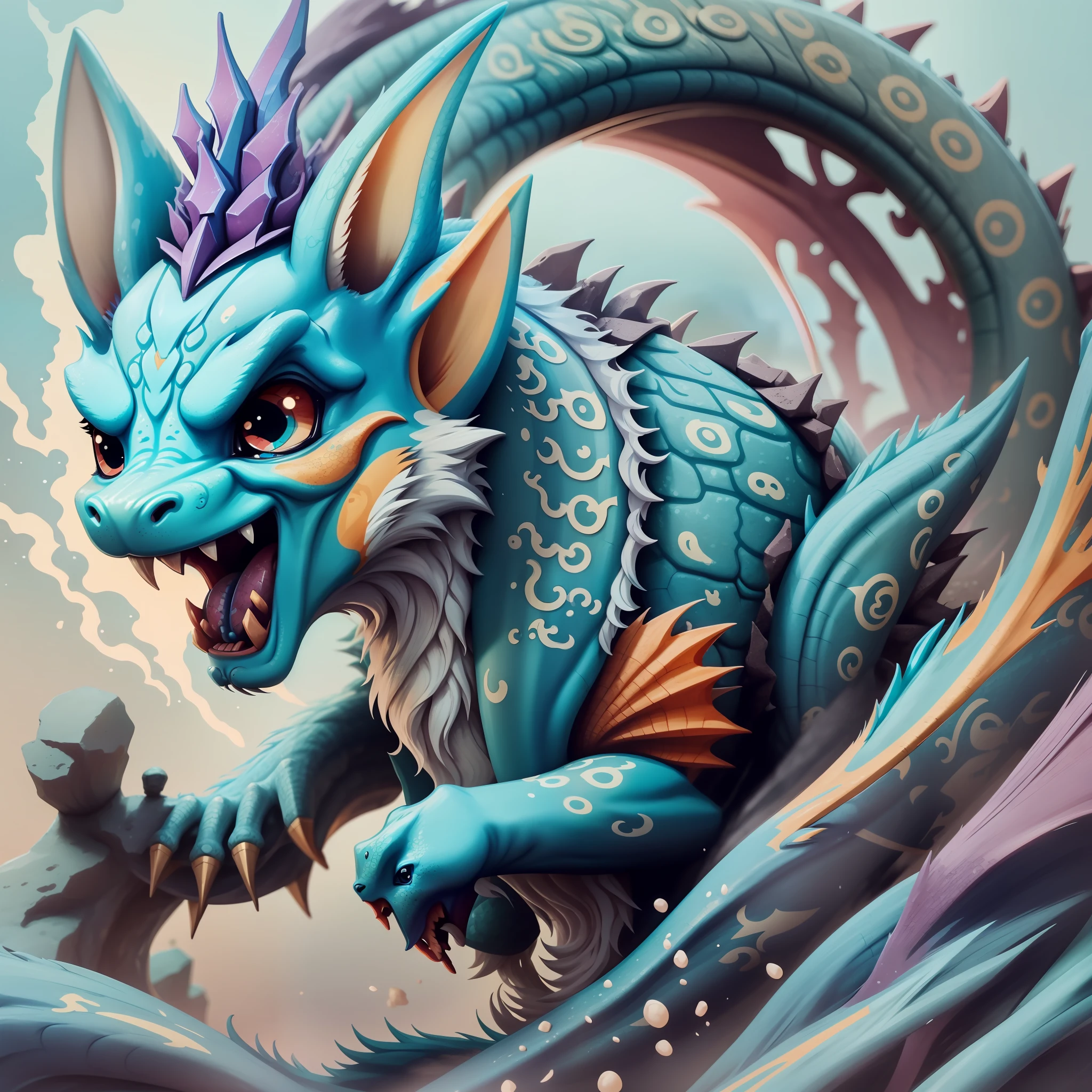 Cyan Chinese dragon fantasy, magnificent dragon head close-up, fierce demeanor. The fun little dragon is cute and personified, like a pet, cute and clever. Front, three views. Design drawing, white background
