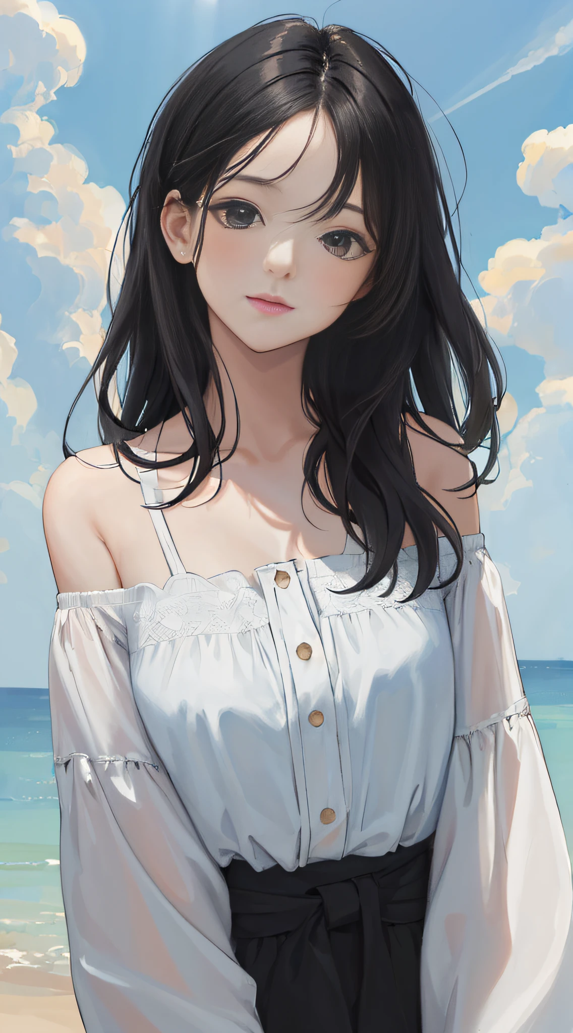 (masterpiece, best quality:1.4), looking at viewer, (on_front:1.2), bright sky,
(wavy hair:0.8), black hair, cloudy sky, sunlight, upper_body, off shoulder, summer, day,