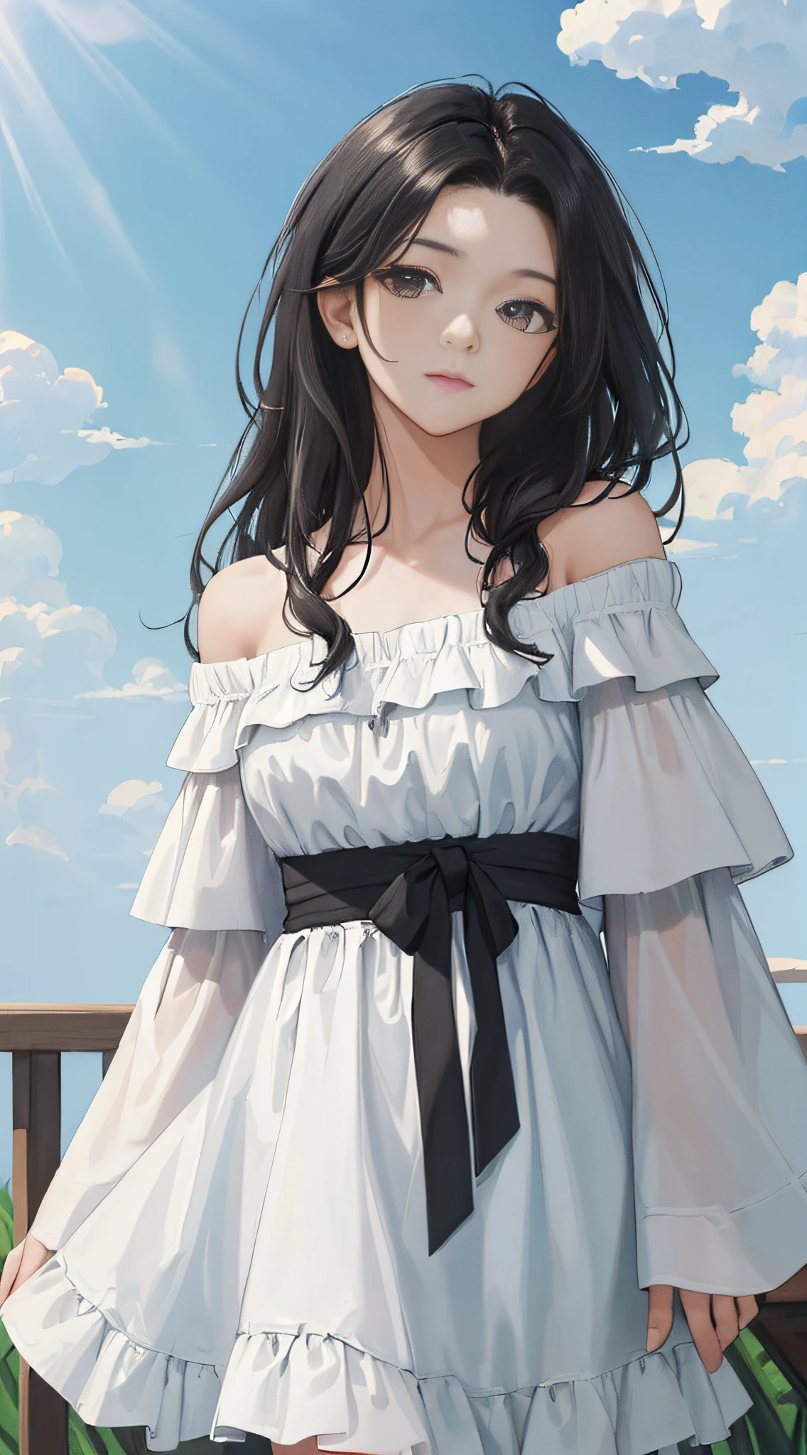 (masterpiece, best quality:1.4), looking at viewer, (on_front:1.2), bright sky,
(wavy hair:0.8), black hair, cloudy sky, sunlight, upper_body, off shoulder, summer, day,