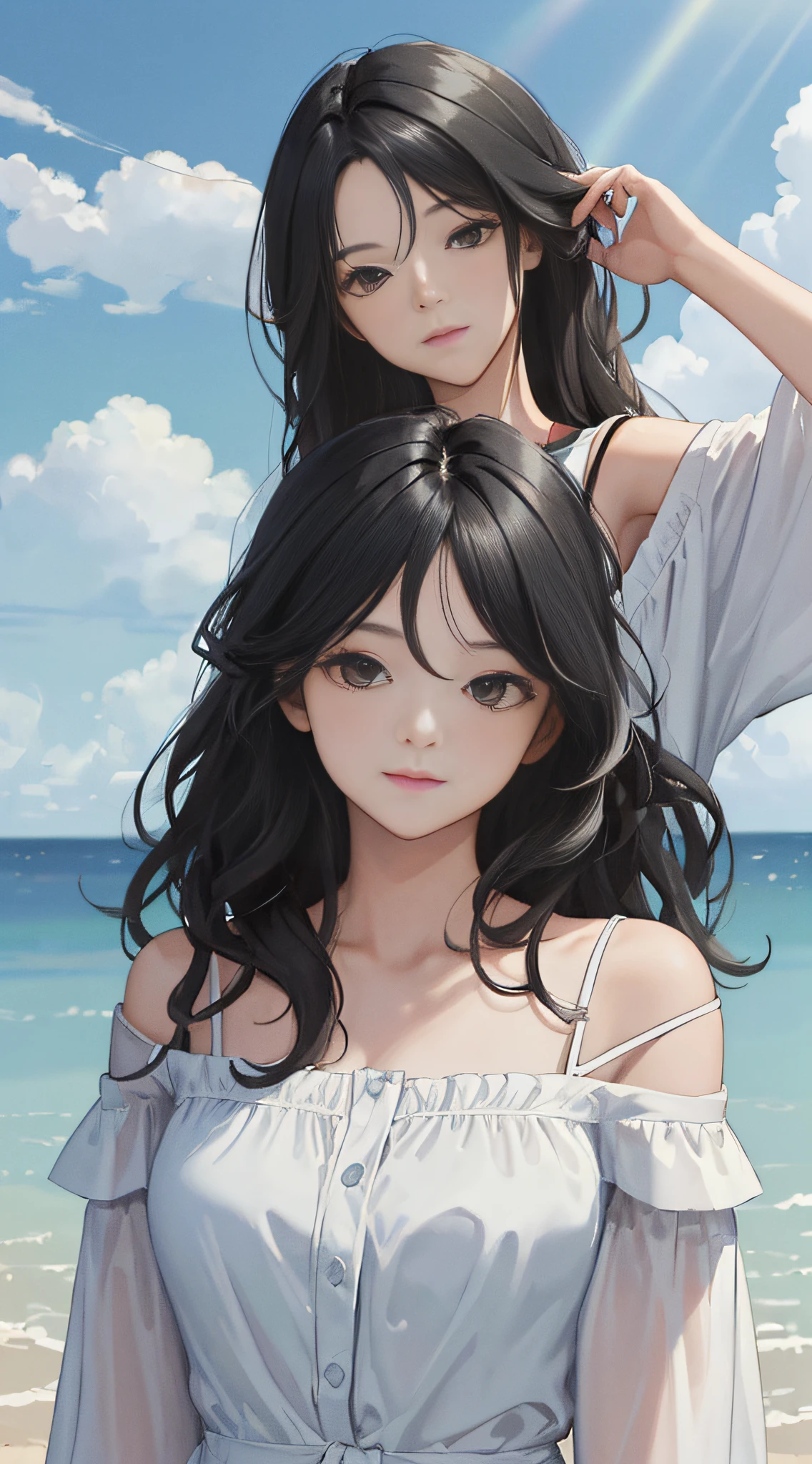 (masterpiece, best quality:1.4), looking at viewer, (on_front:1.2), bright sky,
(wavy hair:0.8), black hair, cloudy sky, sunlight, upper_body, off shoulder, summer, day,