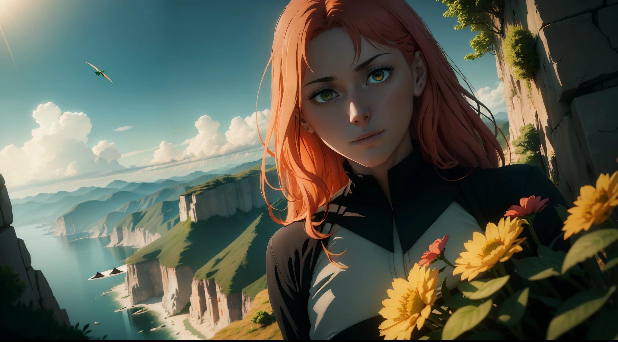 Extremely detailed, wind, anime intonation, vibrant colors, vivid, lighting going to extreme light and extreme shadow, focused on the color green, woman on her back looking at a landscape from the tip of a cliff, red dress, long blonde hair, wind, skin is tanned, the woman has to be highlighted with light in her hair and dress, leaving both transparent,  landscape to which she is looking over the precipice is an extremely green environment, full of trees, villages, mountains (no bigger than where the woman is), with a lot of wind and fluttering leaves everywhere, at the end of this landscape a giant tree, much larger than the mountains, the seas are reflective and the flora has strong shadows,  volumetric lighting, unreal render, octane render, perfect face, perfect dress, perfect hands, perfect face, perfect eyes, ray tracing reflections, ray traced, rtx, hdr, sharpen, cinematic, fantasy atmosphere, leaves flying everywhere to give the feeling of strong wind, extremely strong lighting and shadow, variations between black and light green, mushrooms, flowers, butterflies, bright lights, sun light all over the woman