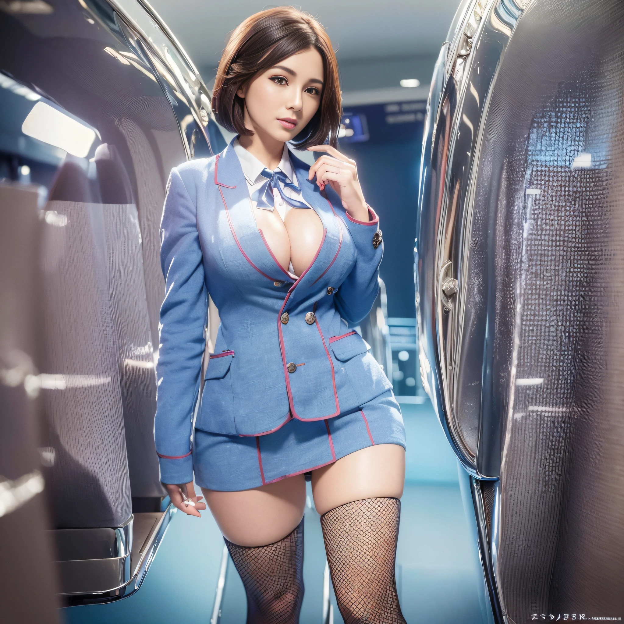 ((top quality, 8k, masterpiece: 1.3)), pretty woman with perfect figure: 1.4, (big breasts: 1.2), very detailed face and skin texture, detailed eyes, stewardess uniform, (inside the plane: 1.2), 1girl, cinematic, full body, goddess of Japan, short hair, smile,