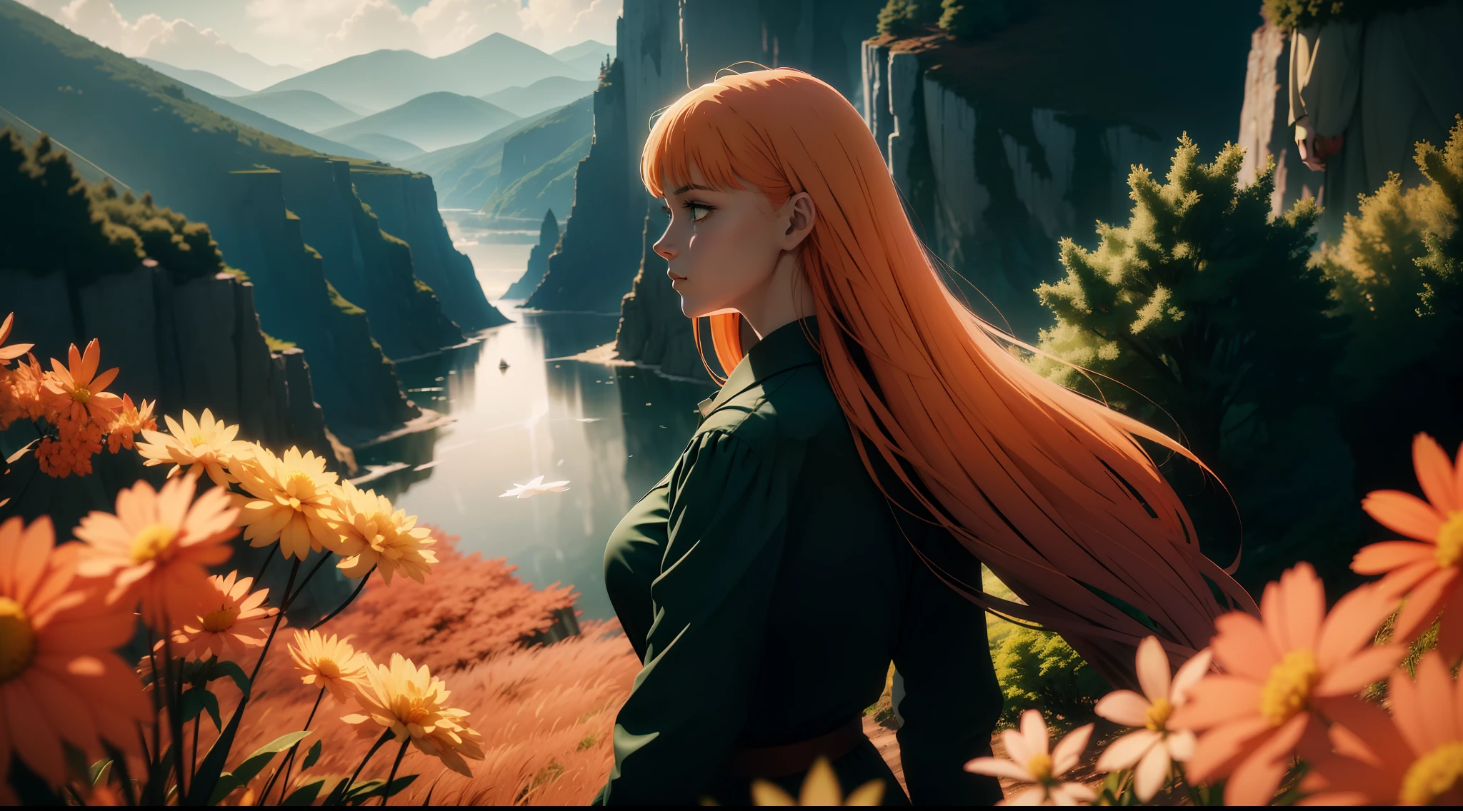 Extremely detailed, wind, anime intonation, vibrant colors, vivid, lighting going to extreme light and extreme shadow, focused on the color green, woman on her back looking at a landscape from the tip of a cliff, red dress, long blonde hair, wind, skin is tanned, the woman has to be highlighted with light in her hair and dress, leaving both transparent,  landscape to which she is looking over the precipice is an extremely green environment, full of trees, villages, mountains (no bigger than where the woman is), with a lot of wind and fluttering leaves everywhere, at the end of this landscape a giant tree, much larger than the mountains, the seas are reflective and the flora has strong shadows,  volumetric lighting, unreal render, octane render, perfect face, perfect dress, perfect hands, perfect face, perfect eyes, ray tracing reflections, ray traced, rtx, hdr, sharpen, cinematic, fantasy atmosphere, leaves flying everywhere to give the feeling of strong wind, extremely strong lighting and shadow, variations between black and light green, mushrooms, flowers, butterflies, bright lights, sun light all over the woman