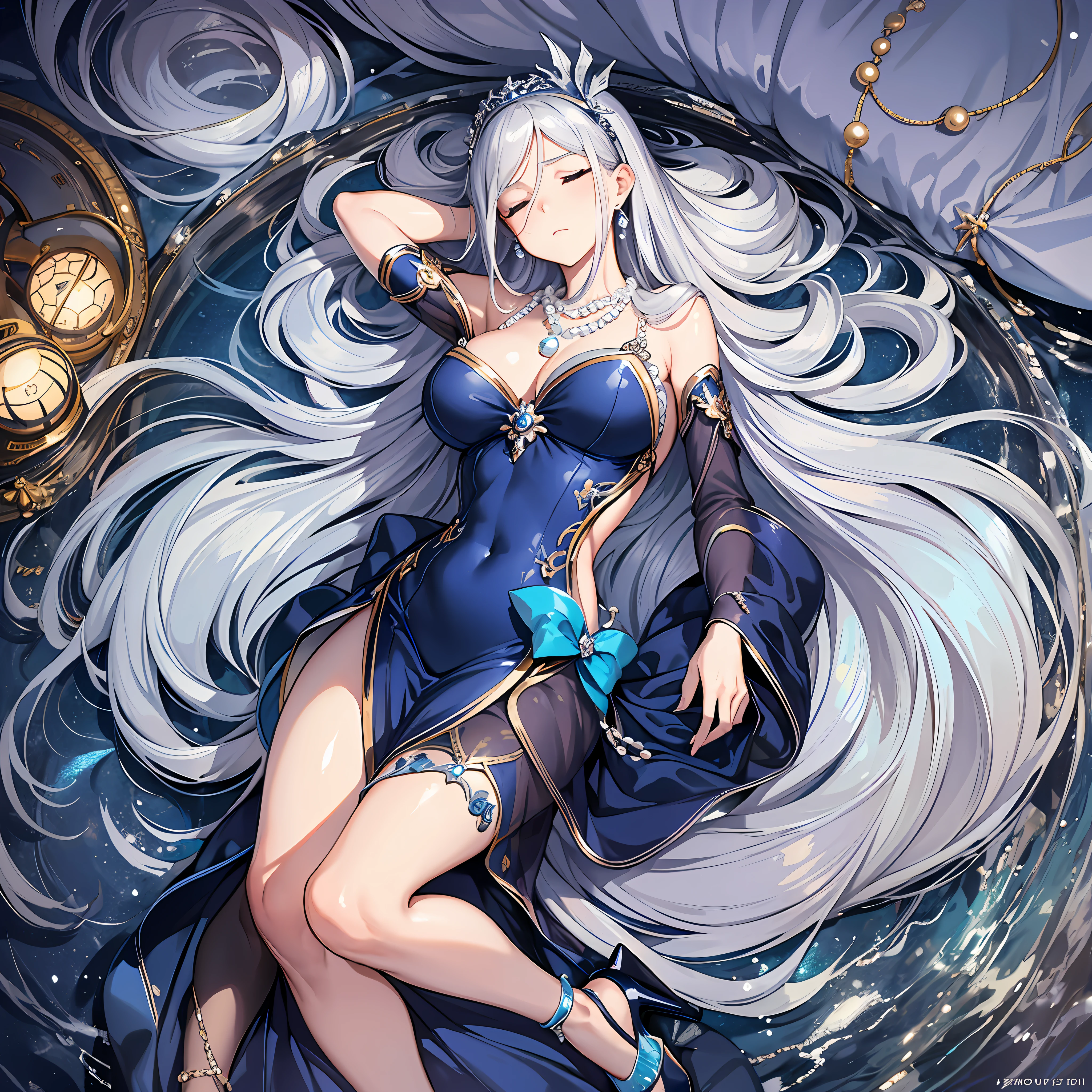 Masterpiece, 30 years age, female, long Silver hair, wearing mermaid headband, pearl necklace, Slanted eyes, blue navy sexy dress, high heels, sleeping At sea, serious expression, with a sharp gaze, beautiful face, Full body, zoom out
