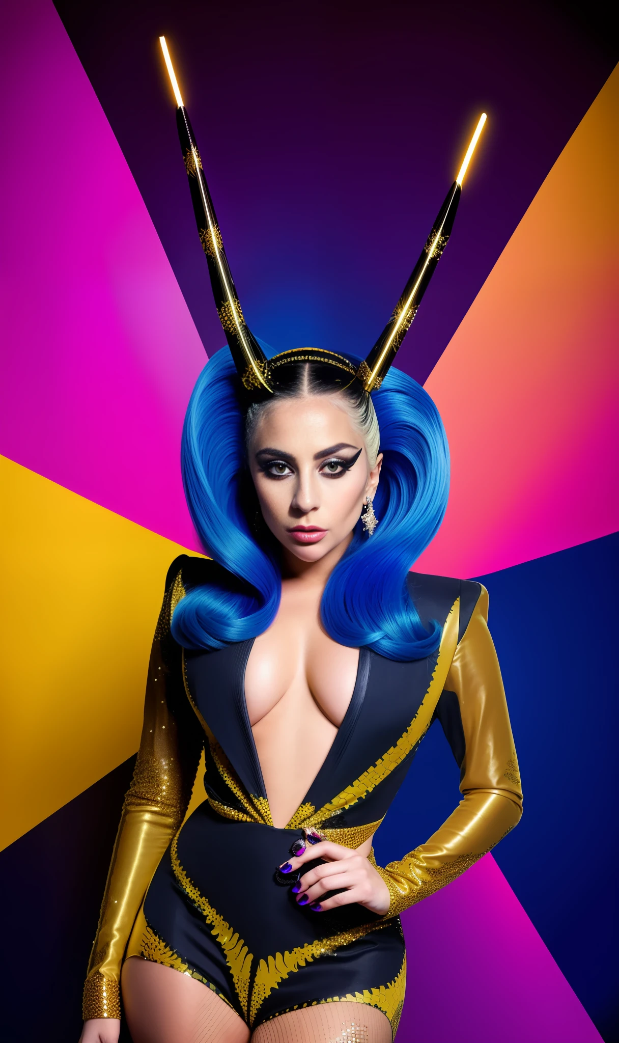 Photo of lady gaga dressed with spider print,4K texture, long hair, high quality, extravagant hairstyle, original album cover, colorful dress with diamonds, 8k image, futuristic, high image quality, at night, hair accessories, 8k image, realistic face in high quality, full body, different body poses, high quality on face,  Defined traits