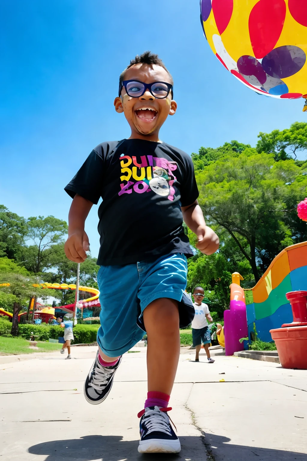 guttonerdreliberate1, (SFW), 3-year-old boy, bespectacled, running, amusement park, holding balloons, happy, happy, perfect quality, clear focus, colorful, perfect face, intricate details, ultra-low viewing angle, shallow depth of field, wide-angle lens