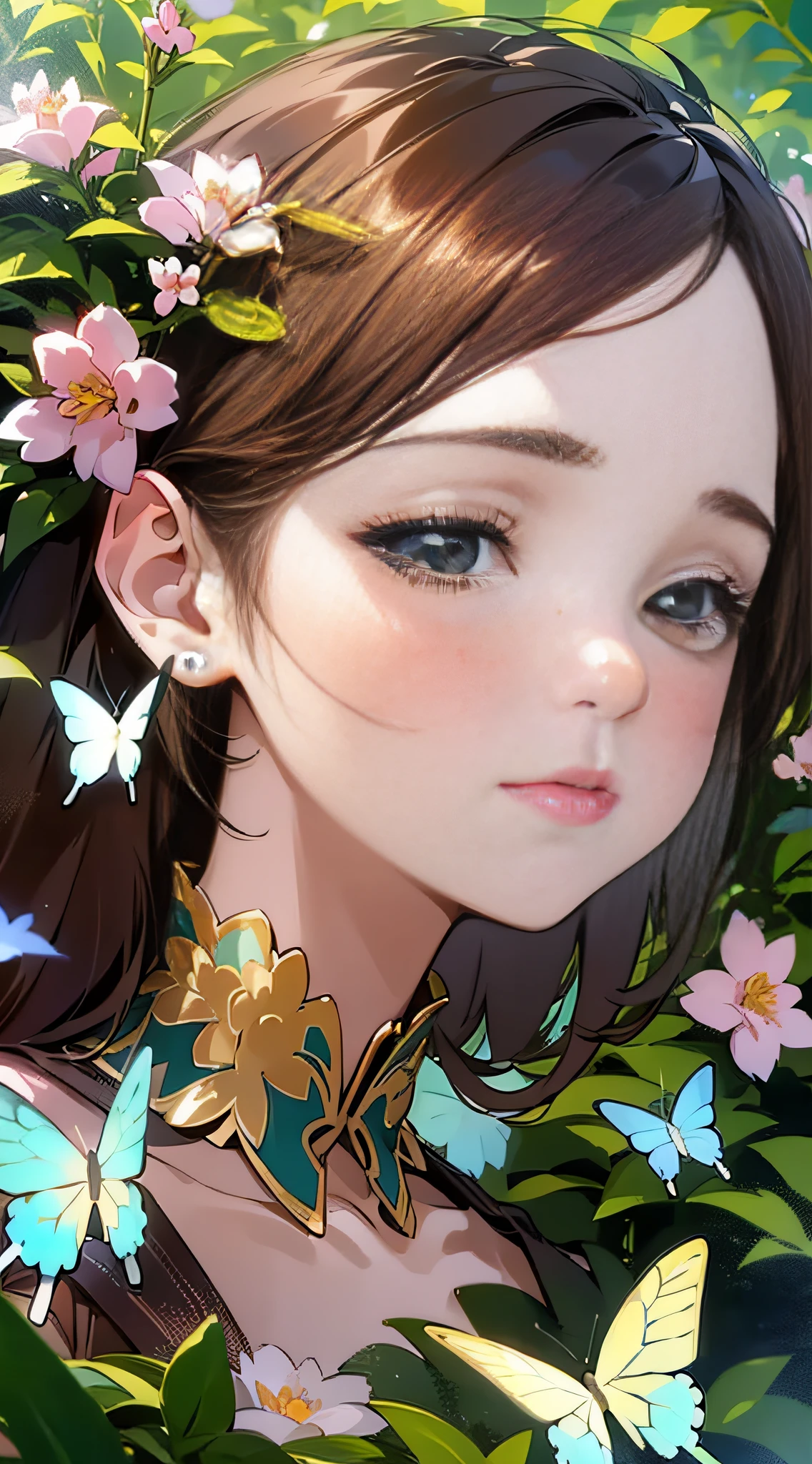 (best quality, masterpiece, ultra-realistic), portrait of 1 beautiful and delicate girl, with a soft and peaceful expression, the background scenery is a garden with flowering bushes and butterflies flying around.