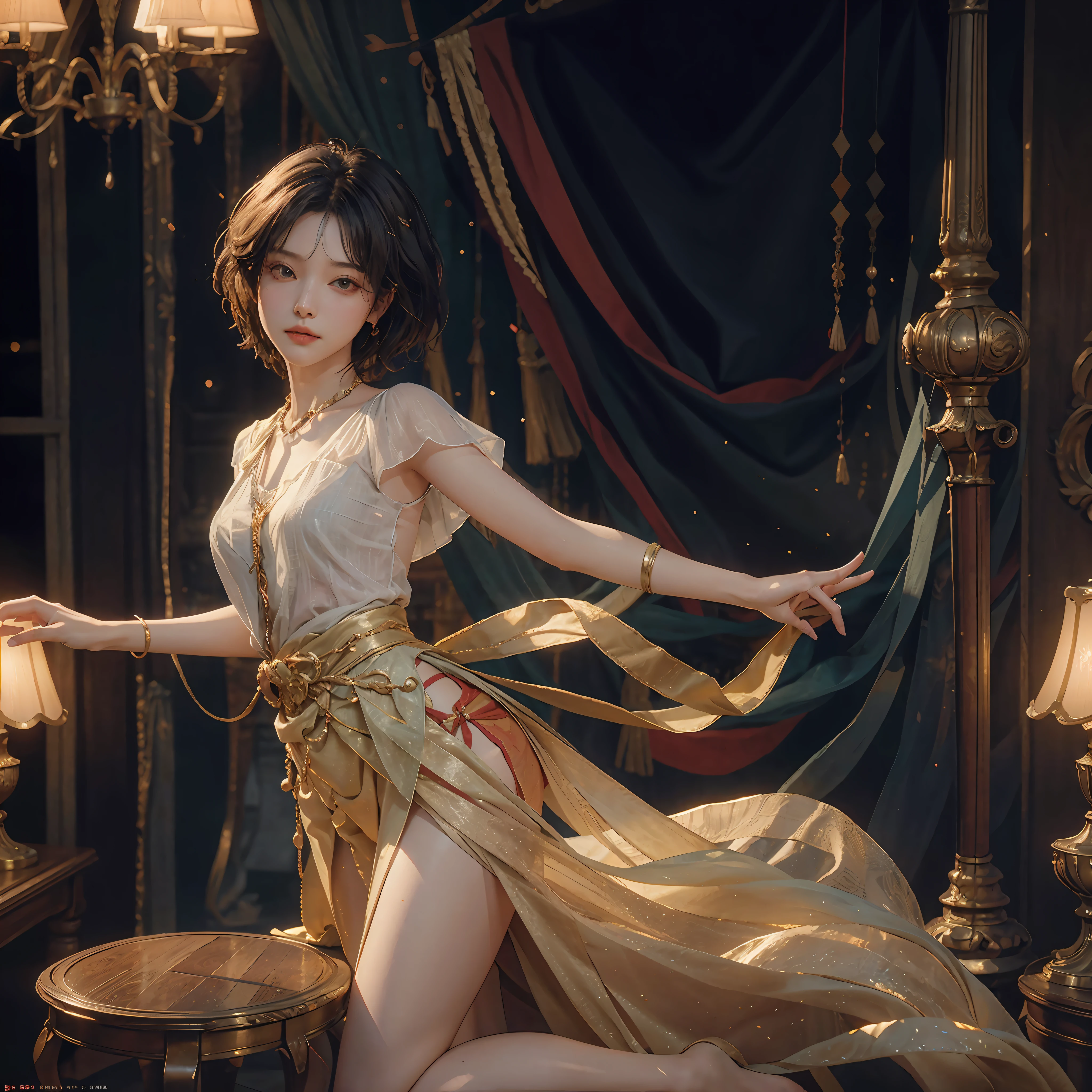 CG Unity 8K wallpapers with the highest quality details, RAW photos of national treasures, realism: 1.3, dynamic angles, short hair, under thin fabric miniskirts: 1.2, movie lighting, lens flares, luxurious rooms, meticulous details
