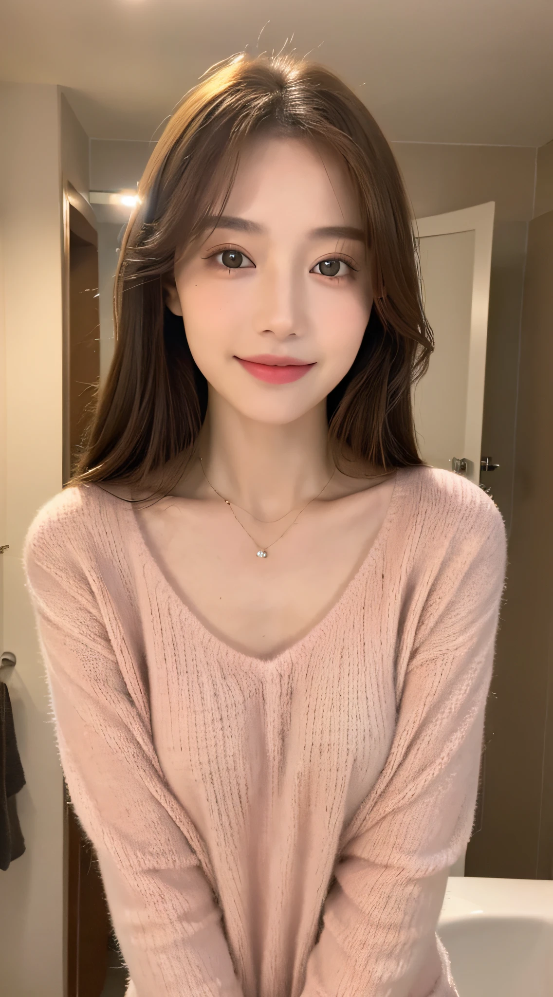 ((Night, Realistic Light, Best Quality, 8K, Masterpiece: 1.3)), 1girl, Slim Beauty: 1.4, Abs: 1.1, (Brown hair, Medium breasts: 1.3), Long pink sweater: 1.1, Bathroom, Super fine face, Delicate eyes, Double eyelids, smile, necklace