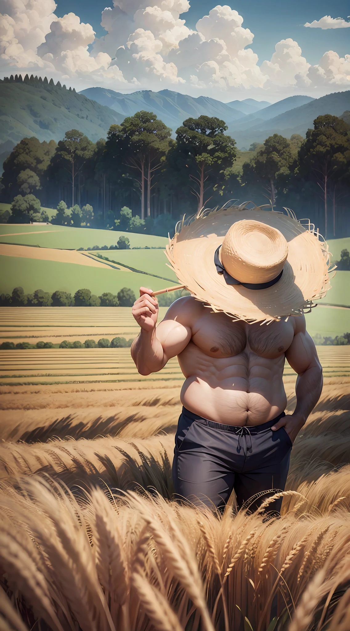 male，man，Wheat field, a fat shirtless bald peasant uncle with a straw hat standing in a wheat field, big clouds, blue sky, rice field, neat rice seedlings in the field, forest, hillside, secluded, countryside, HD detail, hyperdetail, cinematic, surrealism, soft light, deep field focus bokeh, ray tracing and surrealism. --auto --v6 --s2