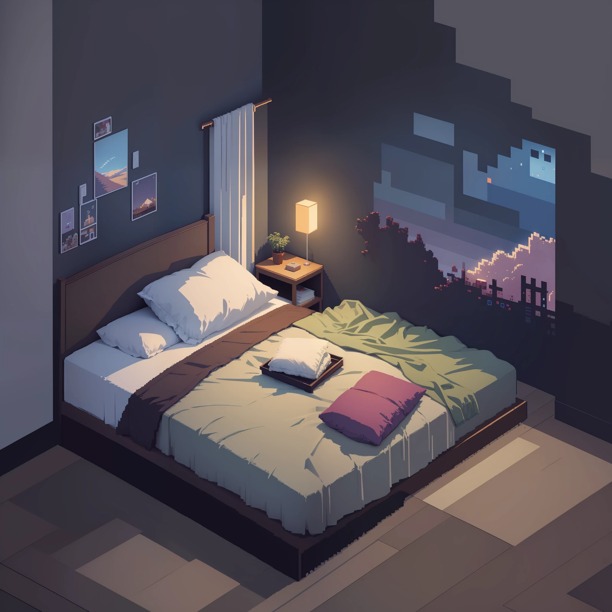 a bedroom, landscape, with blanket and pillow, pixel art, pixel, voxel, 10:5 pixel, best details and quality, 20mp resolution, perfect colouring, on the floor, frame background, 20% blur and darkness