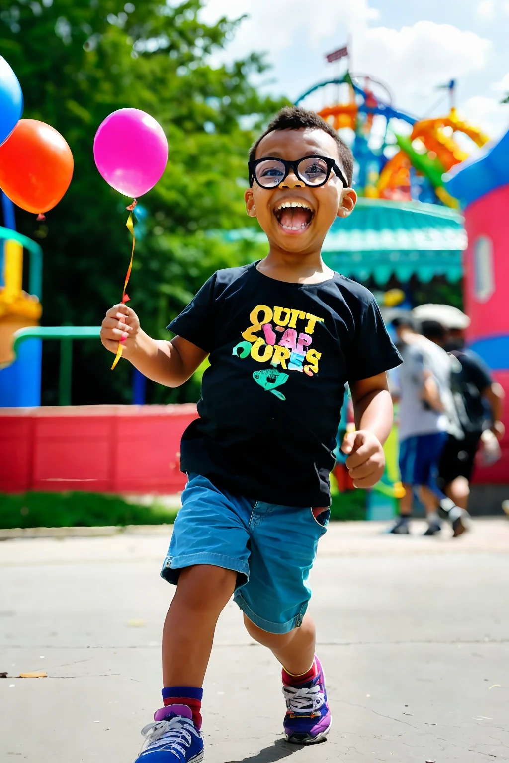 guttonerdreliberate1, (SFW), 3-year-old boy, bespectacled, running, amusement park, holding balloons, happy, happy, perfect quality, clear focus, colorful, perfect face, intricate details, ultra-low viewing angle, shallow depth of field, wide-angle lens