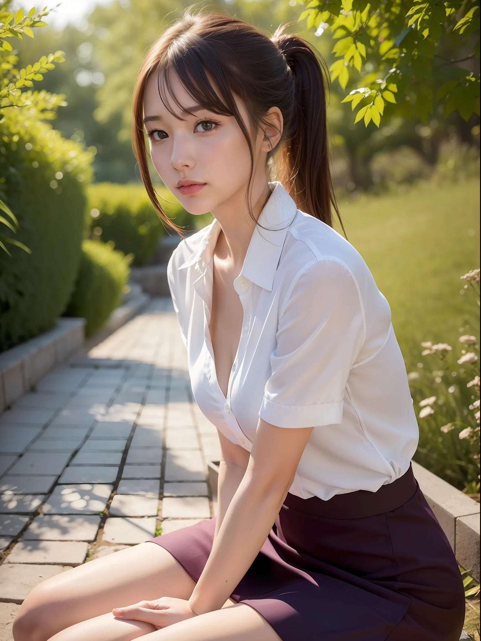 ((Best quality, 8k, Masterpiece: 1.3, raw photo)), Sharp focus: 1.2, (1 AESPA girl: 1.1), (realistic, photo-realistic:1.37), face focus, cute face, kindness, small breasts, flat chest, brunette short messy hair, or ponytail, sitting, business suit skirt, white shirt, garden, park, sunlight, cinematic lighting