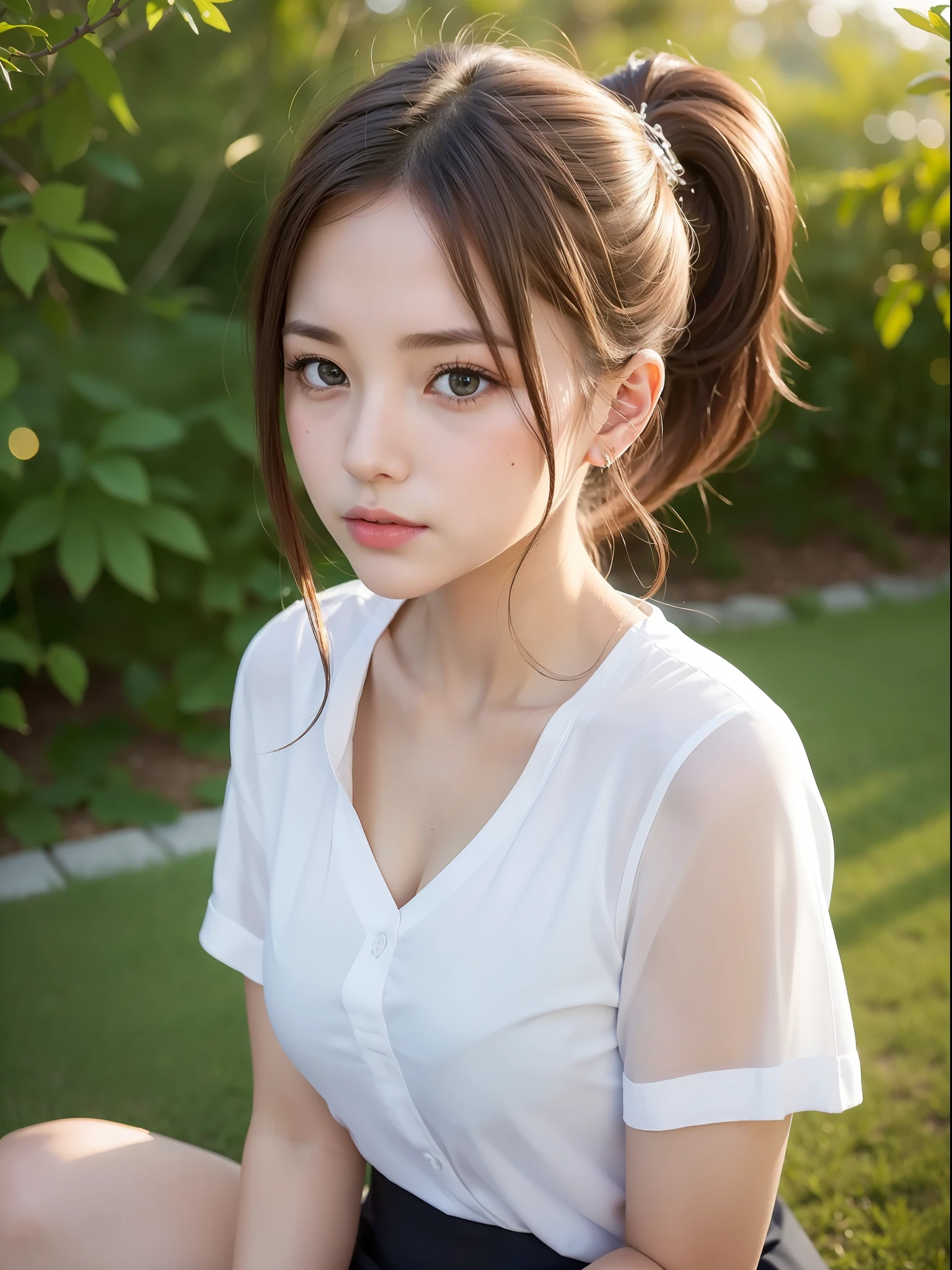 ((Best quality, 8k, Masterpiece: 1.3, raw photo)), Sharp focus: 1.2, (1 AESPA girl: 1.1), (realistic, photo-realistic:1.37), face focus, cute face, kindness, small breasts, flat chest, brunette short messy hair, or ponytail, sitting, business suit skirt, white shirt, garden, park, sunlight, cinematic lighting