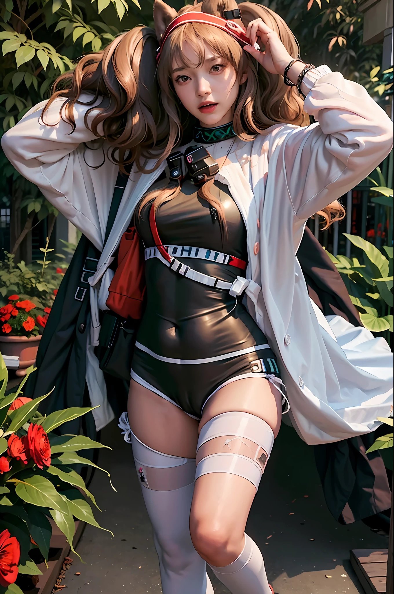 (hyperrealistic), (illustration), (high resolution), (8K), (extremely detailed), (best illustration), (beautiful detailed eyes), (best quality), (ultra-detailed), (masterpiece), ( wallpaper), (detailed face), solo, 1 girl, white wavy hair, korean, heterochromic eyes, small moles under the eyes, loose white shirt, yoga pants, big breasts, long legs, tight abs, camel toes, dynamic pose