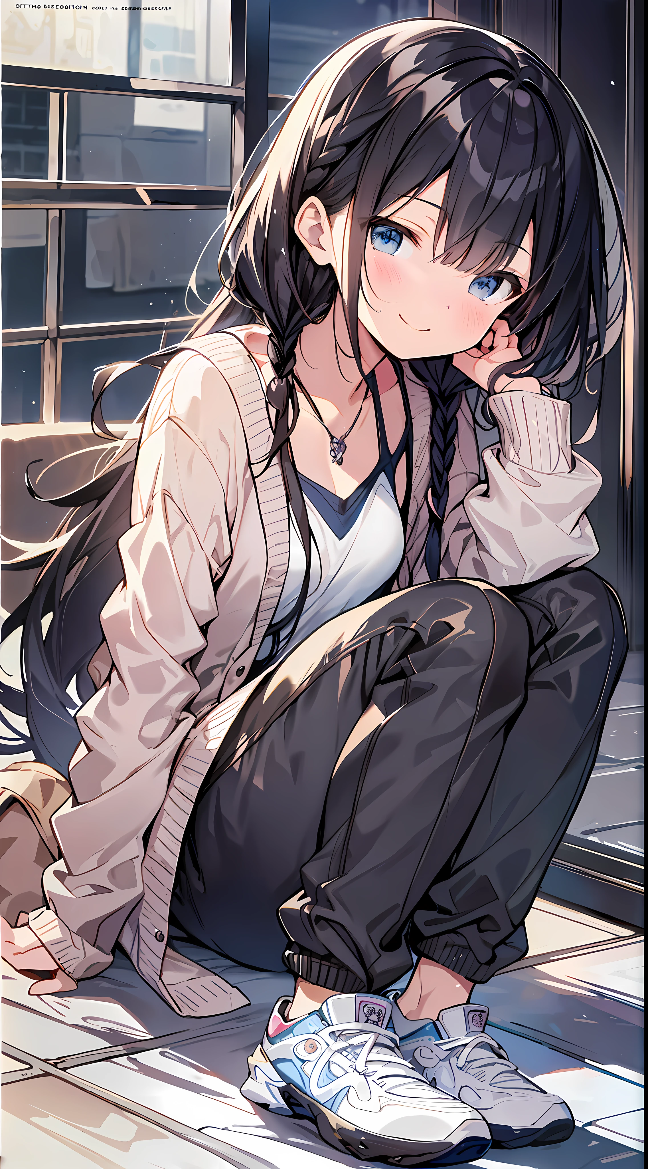(incredibly absurdres absolutely resolution: 1.5), highest quality, masterpiece, ultra high resolution, 8k, (pants, light-colored cardigan, high-tech sneakers), shojo manga style, , soft line art, digital enhancement, shojo manga touch, shojo manga core, (hair length to shoulder)))), ( Short braids))), soft drawing, beautiful black hair, clear eyes, ((smile, wink)), ultra-detailed digital anime art, clear face depiction, ultra-detailed shojo manga character art, clear facial features, manga style, top quality colors, angle that you can see to your feet, entangle, beautiful and aesthetic: 1.5, high quality:1.3