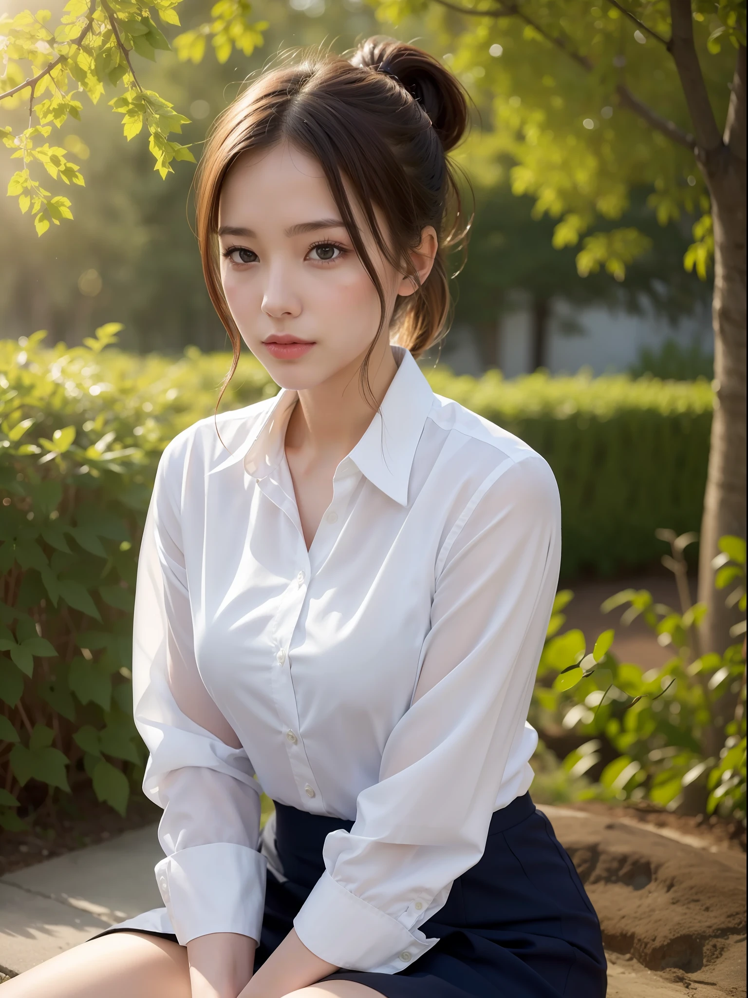 ((Best quality, 8k, Masterpiece: 1.3, raw photo)), Sharp focus: 1.2, (1 AESPA girl: 1.1), (realistic, photo-realistic:1.37), face focus, cute face, kindness, small breasts, flat chest, brunette short messy hair, or ponytail, sitting, business suit skirt, white shirt, garden, park, sunlight, cinematic lighting