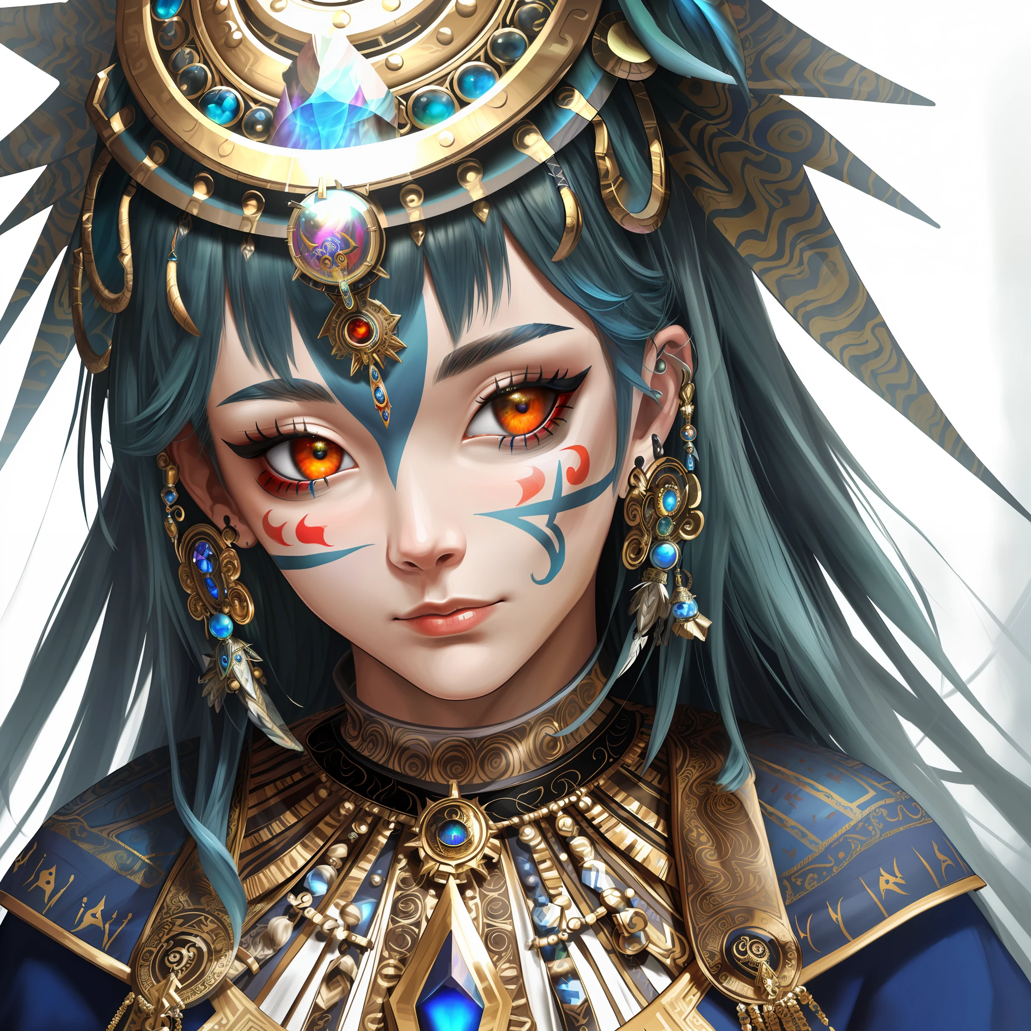 (masterpiece, best quality, highly detailed, distorted reality, shaman from another realm),(new age symbolism:1.2,spiritual:1.1),close-up, high resolution, (1 male:1.2),heterochromia, intricate face paint, ornate headdress, mystical aura