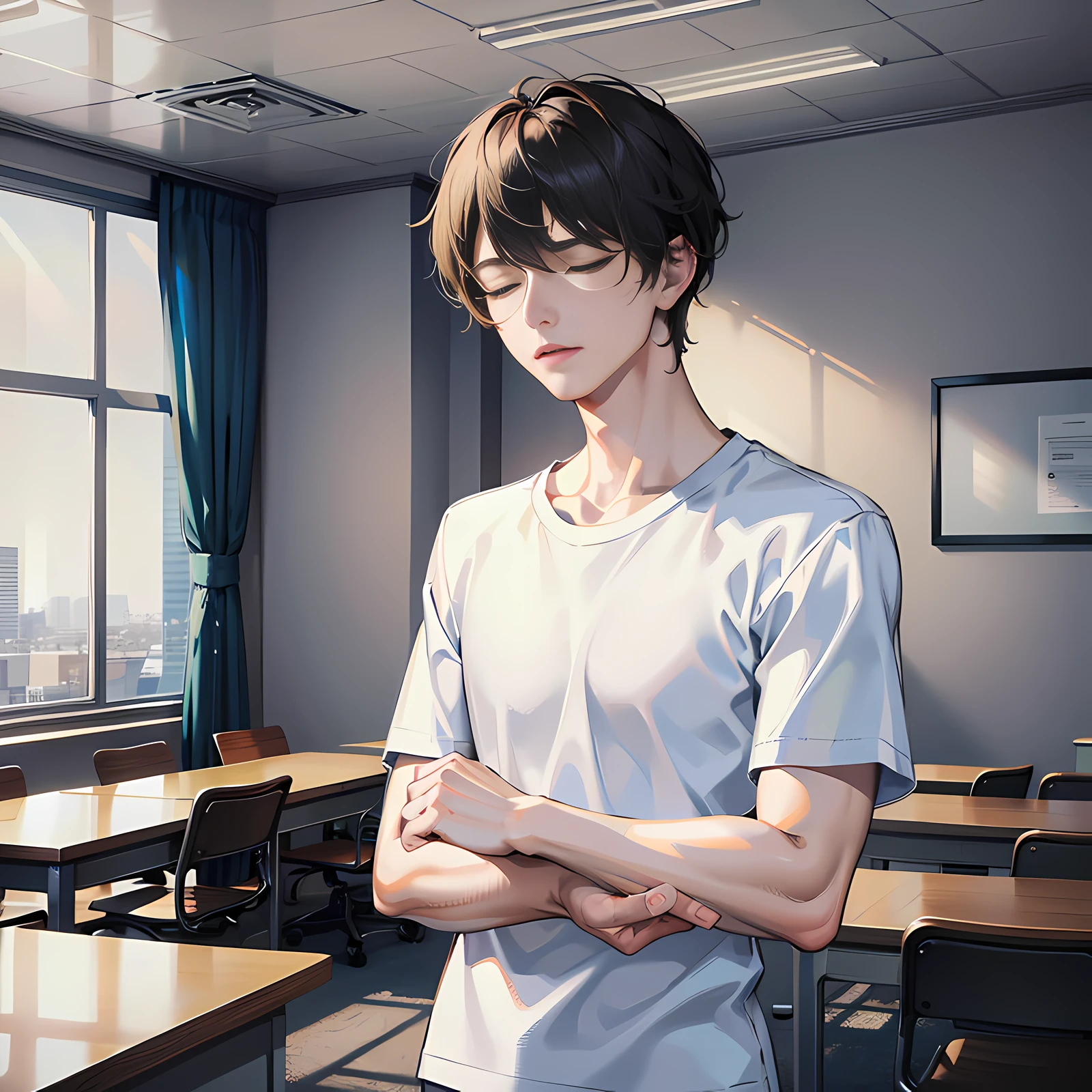In the conference room, there is a handsome boy standing up, eyes closed, short black hair, white T-shirt short sleeves, super detailed, 4k, super detailed