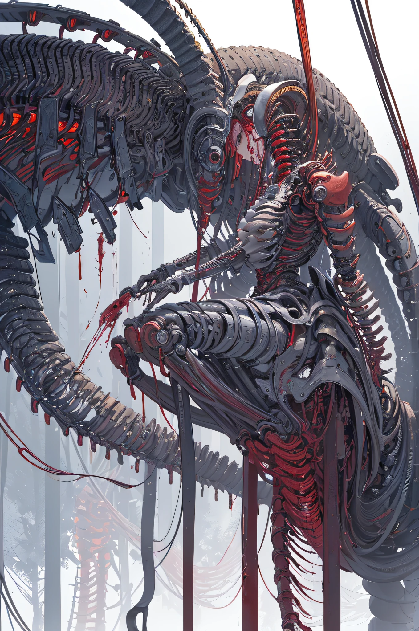 (masterpiece, top quality, best quality, official art, beautiful and aesthetic:1.2), (1girl:1.3), extreme detailed,colorful,highest detailed ((ultra-detailed)), (highly detailed CG illustration), ((an extremely delicate and beautiful)),(from side),cinematic light,((1mechanical girl)),solo,full body,(machine made joints:1.2),((machanical limbs)),(blood vessels connected to tubes),(mechanical vertebra attaching to back),((mechanical cervial attaching to neck)),(sitting),expressionless,(wires and cables attaching to neck:1.2),(wires and cables on head:1.2)(character focus),science fiction,white background,(blood:1.5)