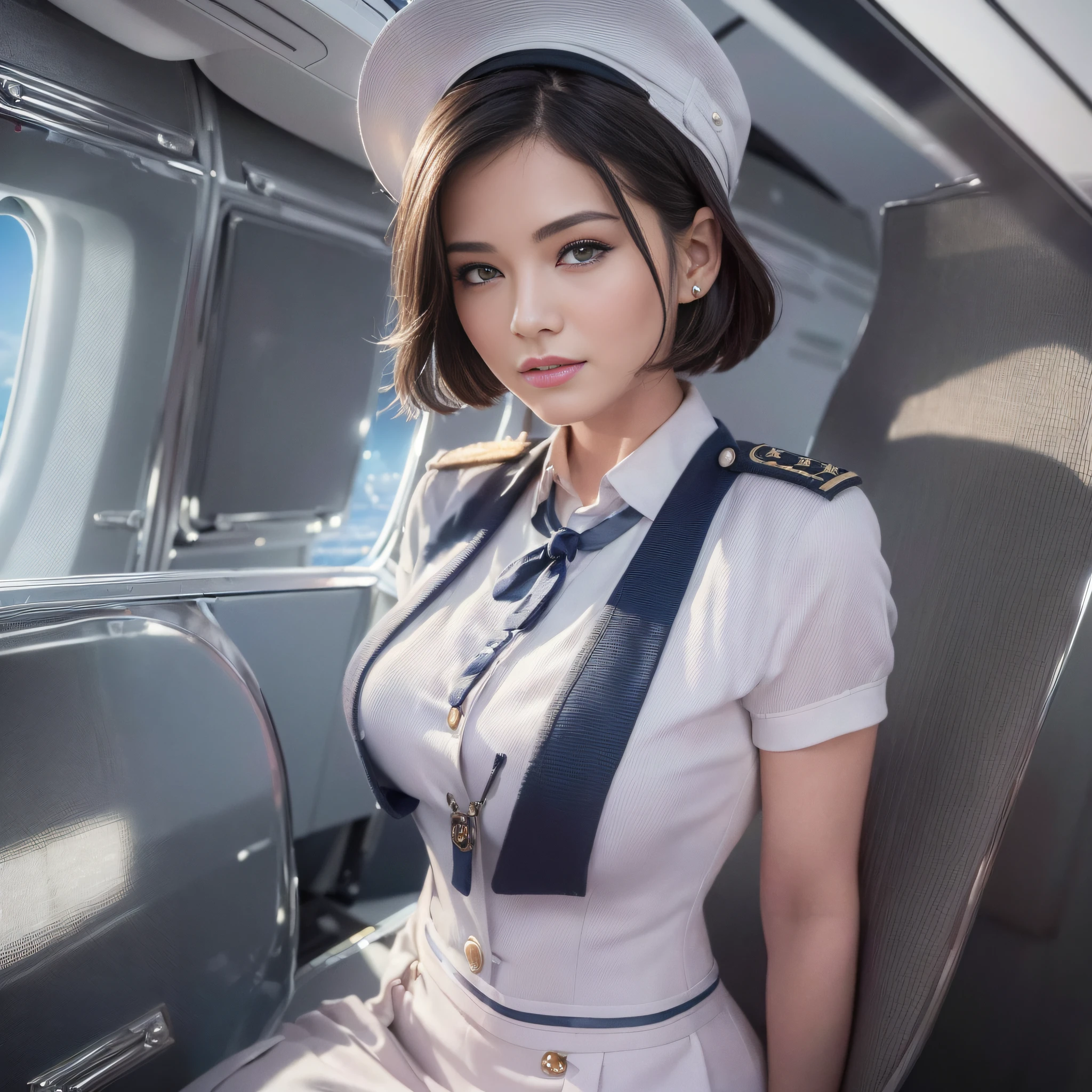 ((Top Quality, 8k, Masterpiece: 1.3)), Pretty Woman with Perfect Figure: 1.4, (Big: 1.2), Highly Detailed Face and Skin Texture, Detailed Eyes, Stewardess Uniform, (Inside the Plane: 1.2), 1girl, Cinematic, Full Body, Goddess of Japan, Short Hair, Smile, Interior of the Plane