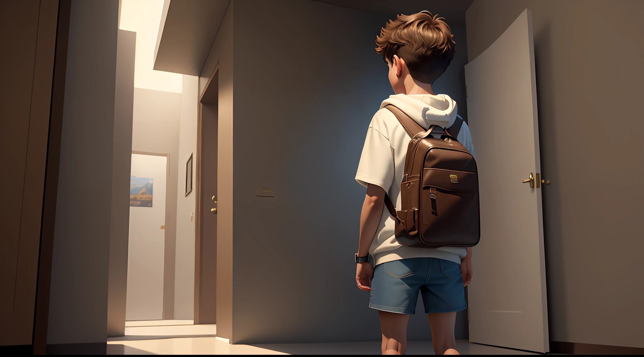 (best quality, masterpiece, ultra-realistic), Masterpiece, best quality, cinematic lighting, beautiful concept art, surrealism, epic scene, 8K, Milo is a boy Turn your back to the viewer, boy wearing shorts, white hoodie and brown school bag. blank background, black background, single background