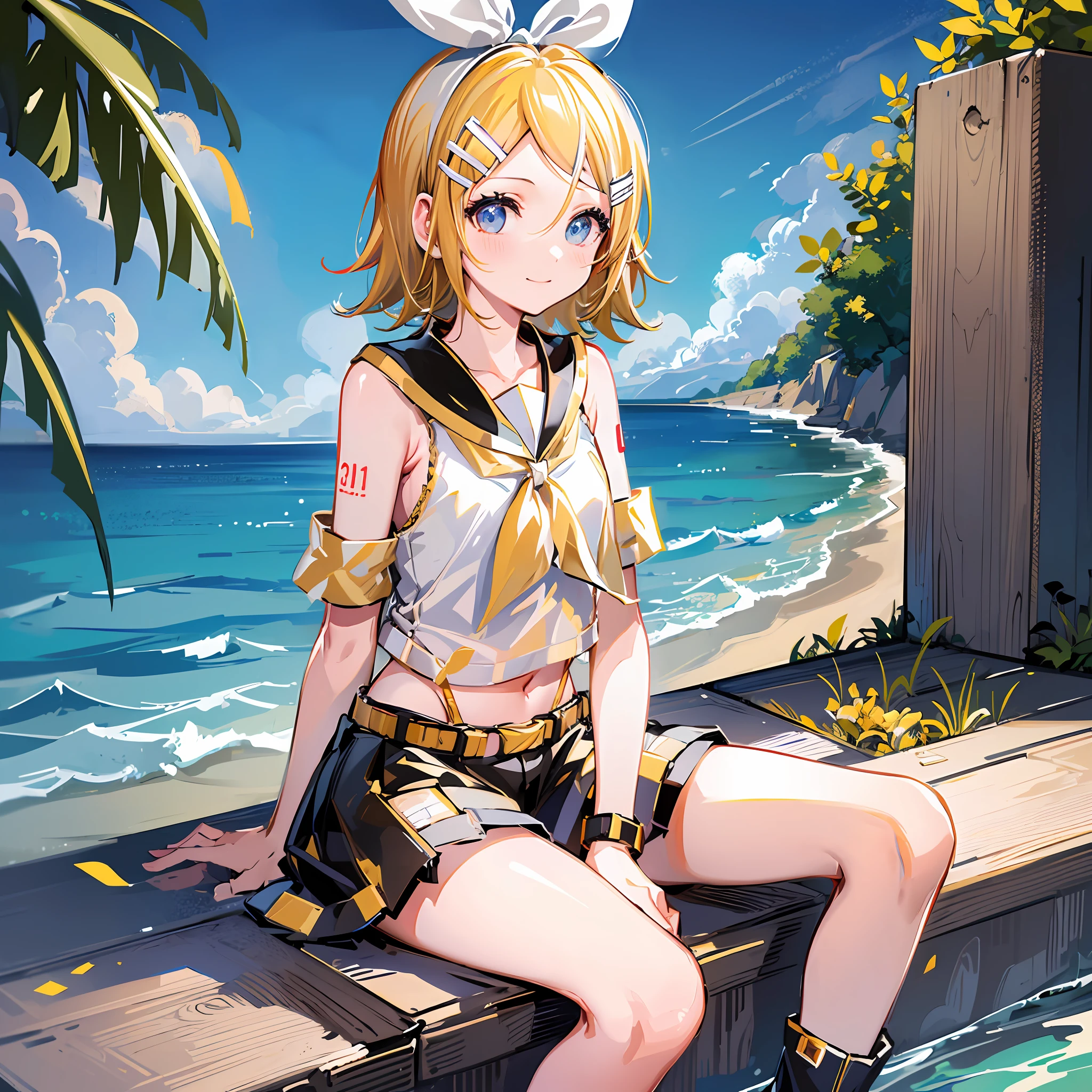 (Masterpiece), (Best Quality), (Illustration), (Ultra Detailed), (High Resolution), Absurdity, One Girl, (Kagamine_Rin:1.5), (Vocaloid), Shoulders are cut off, Short hair, Hair clip, Blush, (Blonde), Very cute girl, Small, Young, Delicate, Attention to girl, Cute, She, Smile, Best Moment, Sailor suit, Black shorts, belt, blue eyes, bright eyes, cool cute, sitting, legs closed, bright light, dazzling morning sun, outdoor, blue sky, sea