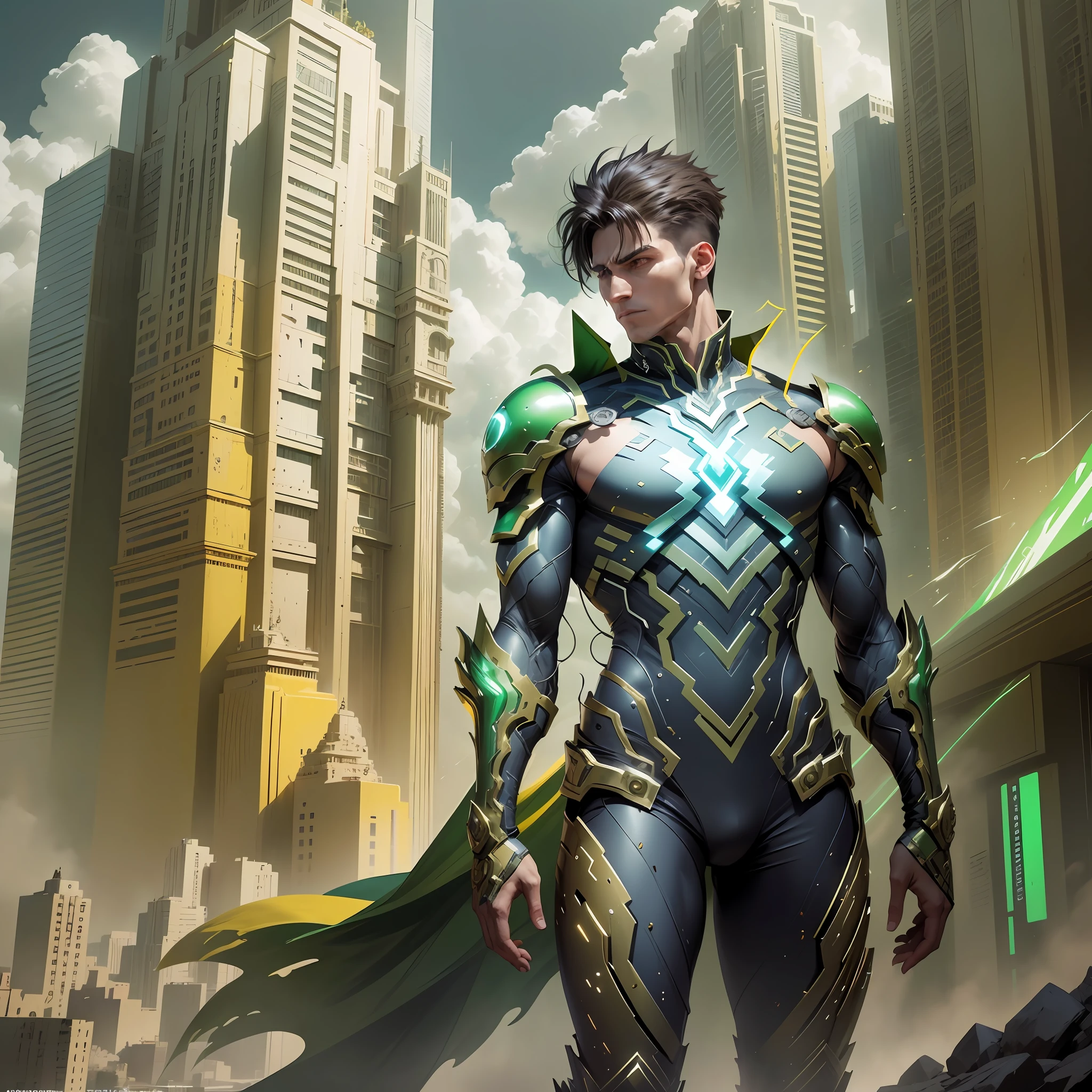 Develop an image of a hero wearing a green and gold costume. The hero must have a noble and powerful appearance, with distinct character traits. The green and gold costume should be modern and futuristic, with technological elements and details that make it unique. The hero must be in a heroic pose, as if he is ready to face any challenge that comes his way. The background scene can be an urban landscape or an imaginary landscape that matches the heroic aura of the character. Feel free to add creative and interesting details to make the hero even more captivating