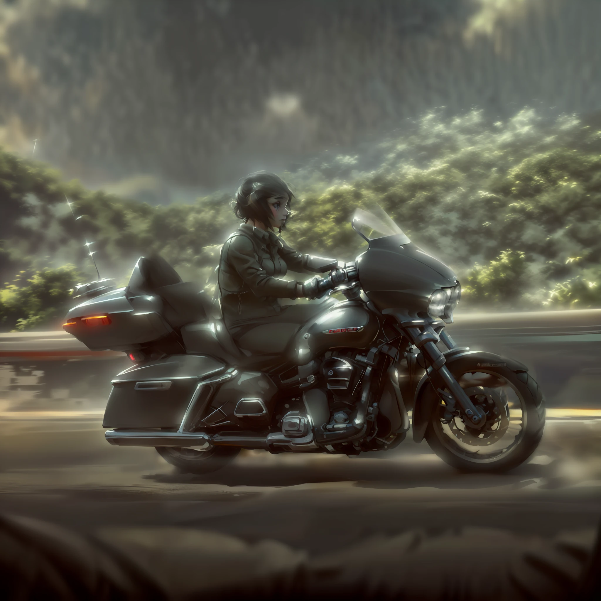 araffe riding a motorcycle on a highway, cyberpunk style, edge light, well lit, bokeh, harley davidson, , side angle, angled view, bottom angle, photorealistic", photorealistic", by Emma Andijewska, dark green, harley davidson bike, angled shooting, touring, dynamic angled shooting, 2 0 1 9, 2019, 🤬 🤮 💕 🎀 beautiful image --auto --s2