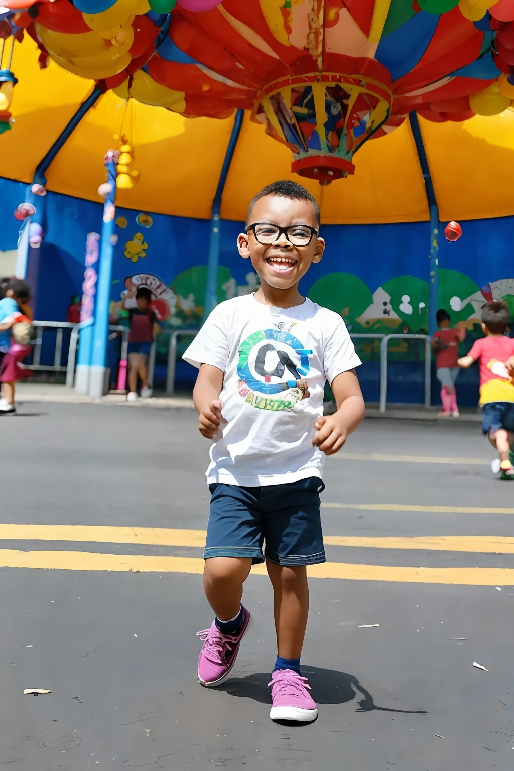 guttonerdreliberate1, (SFW), 3-year-old boy, bespectacled, running, amusement park, holding balloons, happy, happy, perfect quality, clear focus, colorful, perfect face, intricate details, ultra-low viewing angle, shallow depth of field, wide-angle lens