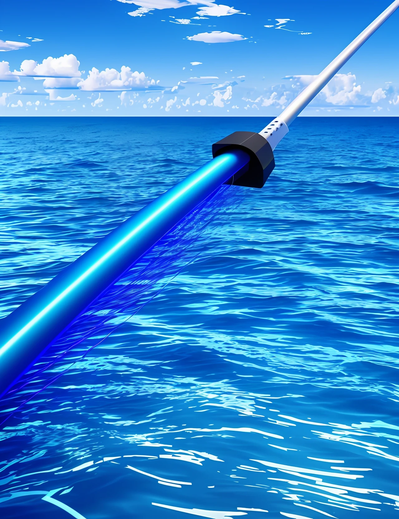 Realistic 8K fiber optic cable entering the ocean with blue skies and few clouds on a sunny day and with colors around the optical fiber simulating the information passing through it --auto --s2