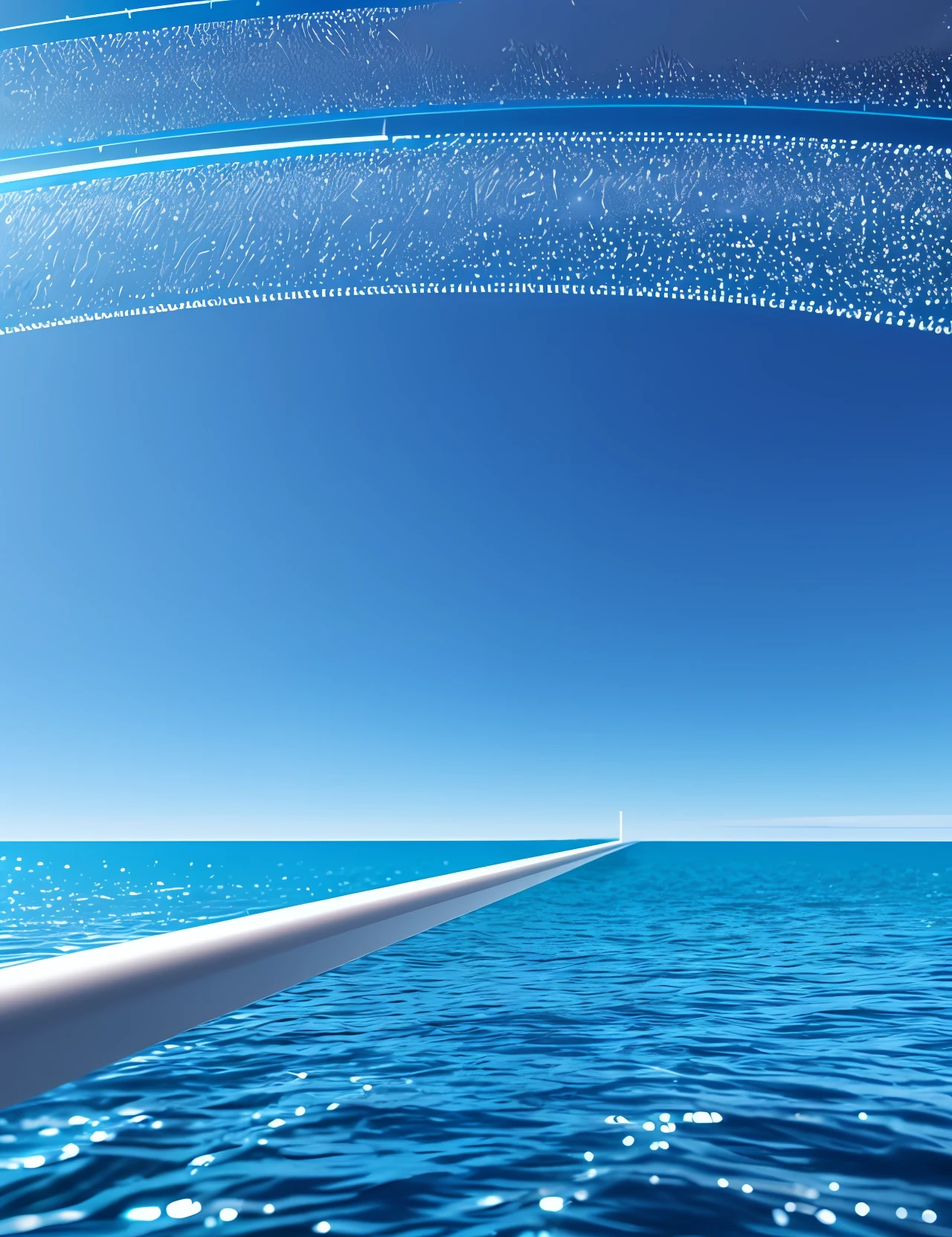 Realistic 8K fiber optic cable entering the ocean with blue skies and few clouds on a sunny day and with colors around the optical fiber simulating the information passing through it --auto --s2