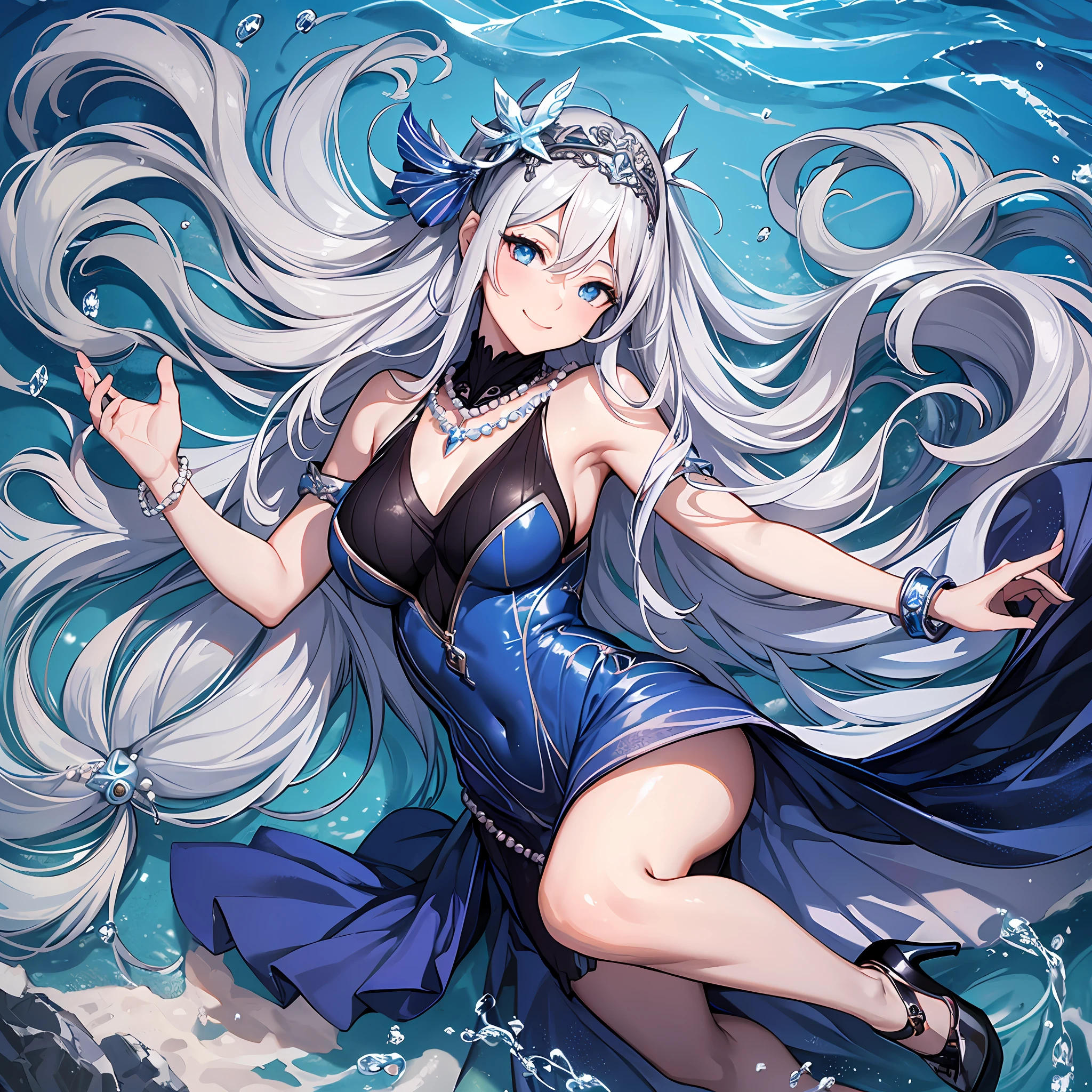 Masterpiece, 30 years age, female, long Silver hair, wearing mermaid headband, pearl necklace, Slanted eyes, blue navy sexy dress, high heels, Diving in the sea, smile expression, with a sharp gaze, beautiful face, Full body, zoom out