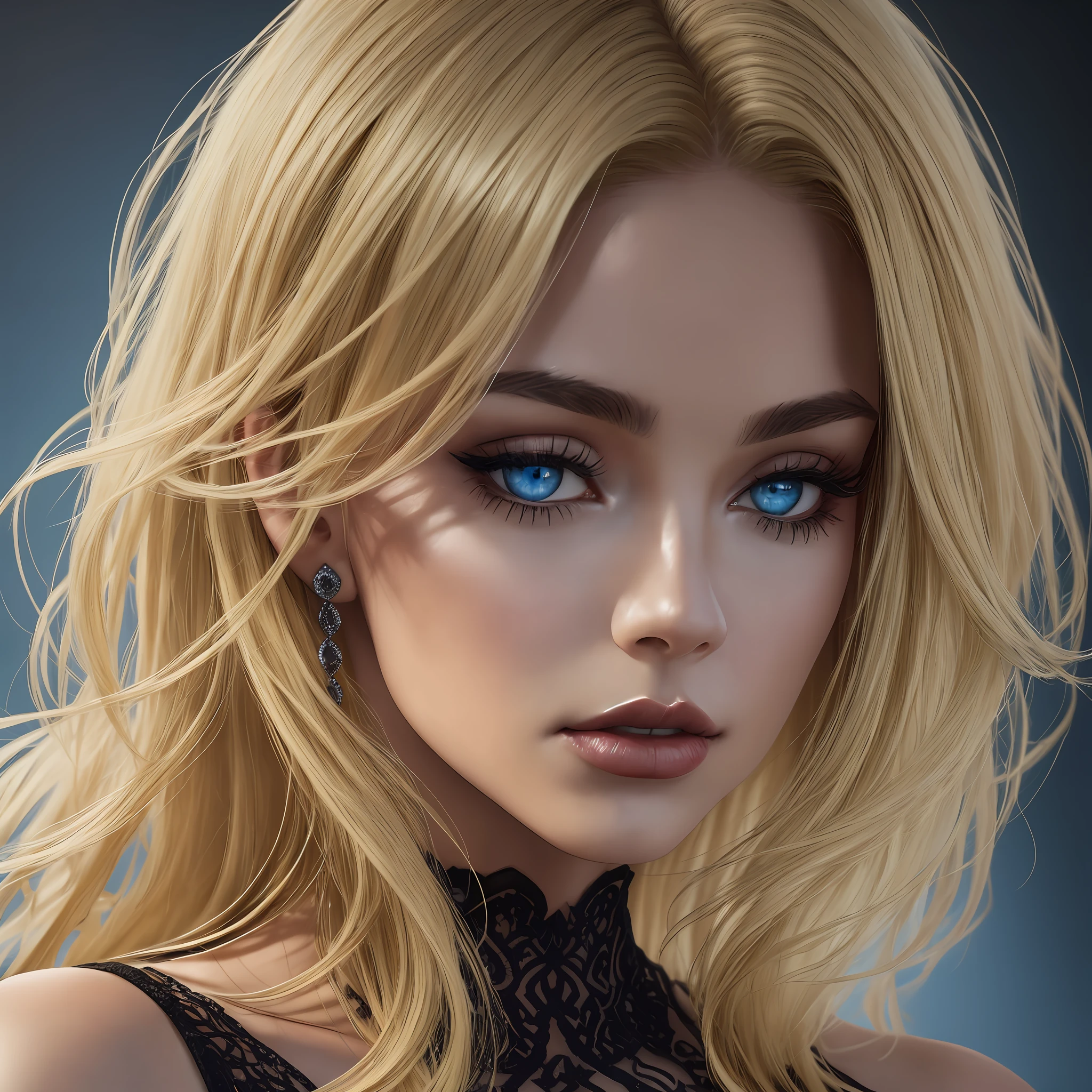 HelgaGrey, woman, (to8contrast style), (Close-up portrait), bold lips, 8k RAW photo, highest quality, detailed hazel-blue eyes, eye reflection, winged eyeliner, (looking at the viewer:1.3), best shadow, intricate details, interior, vibrant wavy Long hair layers with a side part, (blonde hair:1.3), muted colors, high contrast style, glam shot, smoldering, (sultry:1.1), dof, bokeh, intense, languid, tempting, sensual, seductive, longing, yearning, smitten, dark photography studio, minimal lighting, deep shadows, stark contrasts, dramatic highlights, (black backdrop:1.2), dimples, fullness, plumpness, natural pout, lusciousness, red lips, bold color, alluring, captivating, striking, unforgettable, stunning, breath-taking, timeless beauty. (bare shoulders:1.2), headshot --auto --s2