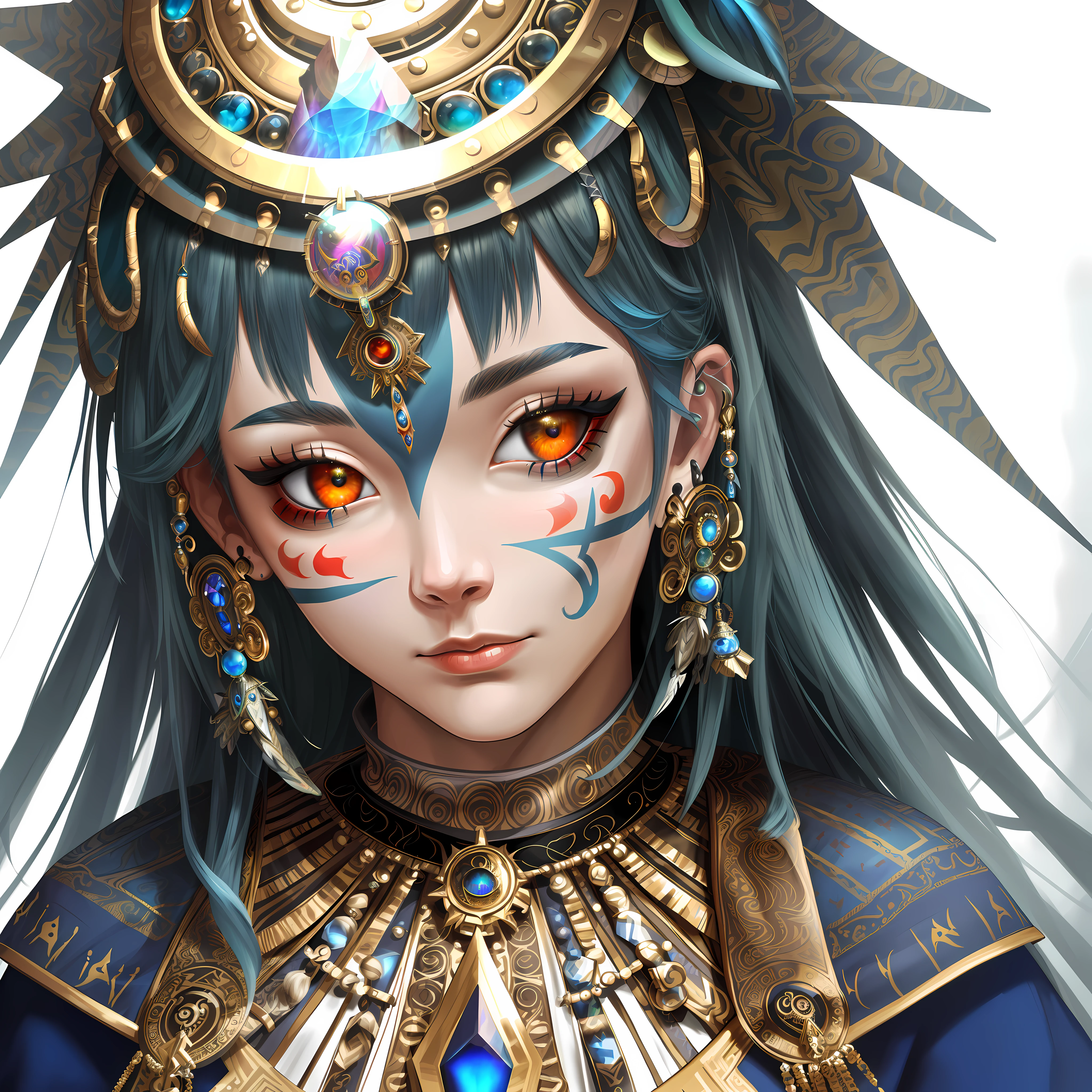 (masterpiece, best quality, highly detailed, distorted reality, shaman from another realm),(new age symbolism:1.2,spiritual:1.1),close-up, high resolution, (1 male:1.2),heterochromia, intricate face paint, ornate headdress, mystical aura