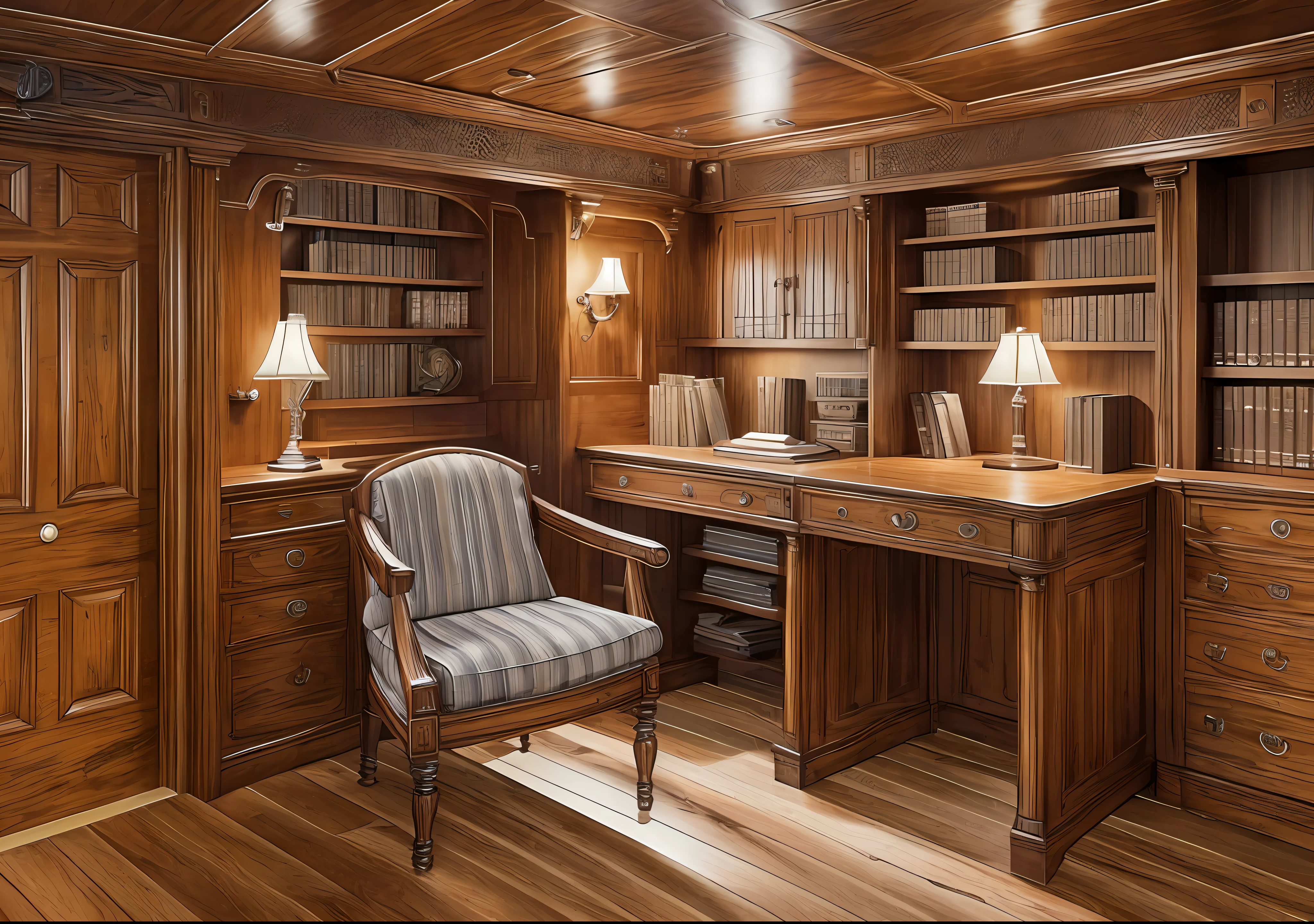 "((album)), better quality, ultra-realistic details, incredibly detailed scene of a captain's cabin on a wooden ship from the year 1800. Focus on the desk table, large entrance door, bookshelf and arranged chairs. Perfect lighting highlighting the shadows, textures and colors." --auto --s2