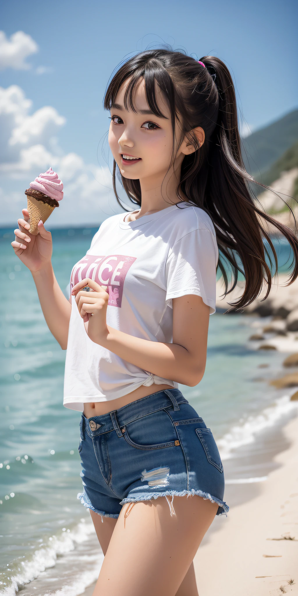 1girl,(Masterpiece:1.2, high quality)masterpiece,best quality,8k,insane details,intricate details,hyperdetailed,(************:1.8),(beautiful face),eyes detailed,Milky skin,black hair,summer,Float hair,Tight denim shorts,seaside,Pink Tight Short Sleeve,Happy, dessert,Subjective view,Jumping up happily with ice cream in hand,Full of vitality,Subjective view,